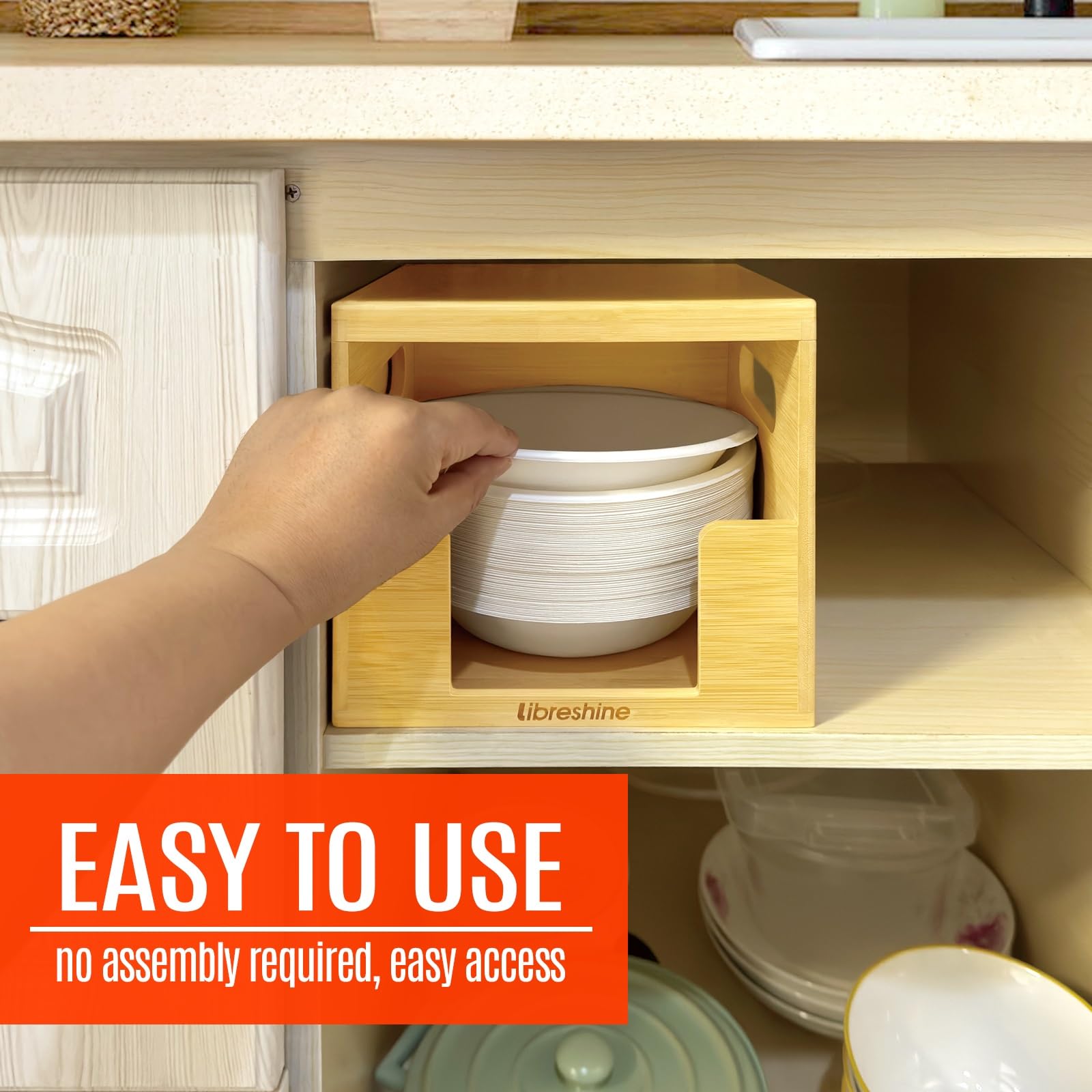 Bamboo Paper Bowl Dispenser Holder – Organizer for 90+ 8-32 oz Disposable Bowls – Space Saving Kitchen Storage for Countertop & Cabinet – Stackable Design for Office, RV, Picnic & Party Use