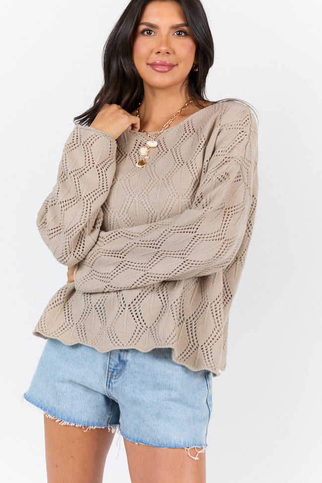 By The Bay Taupe Open Knit Sweater - Women's Lightweight Cardigan for Fall & Winter - Perfect for Casual Outfits, Office Wear and Coffee Dates