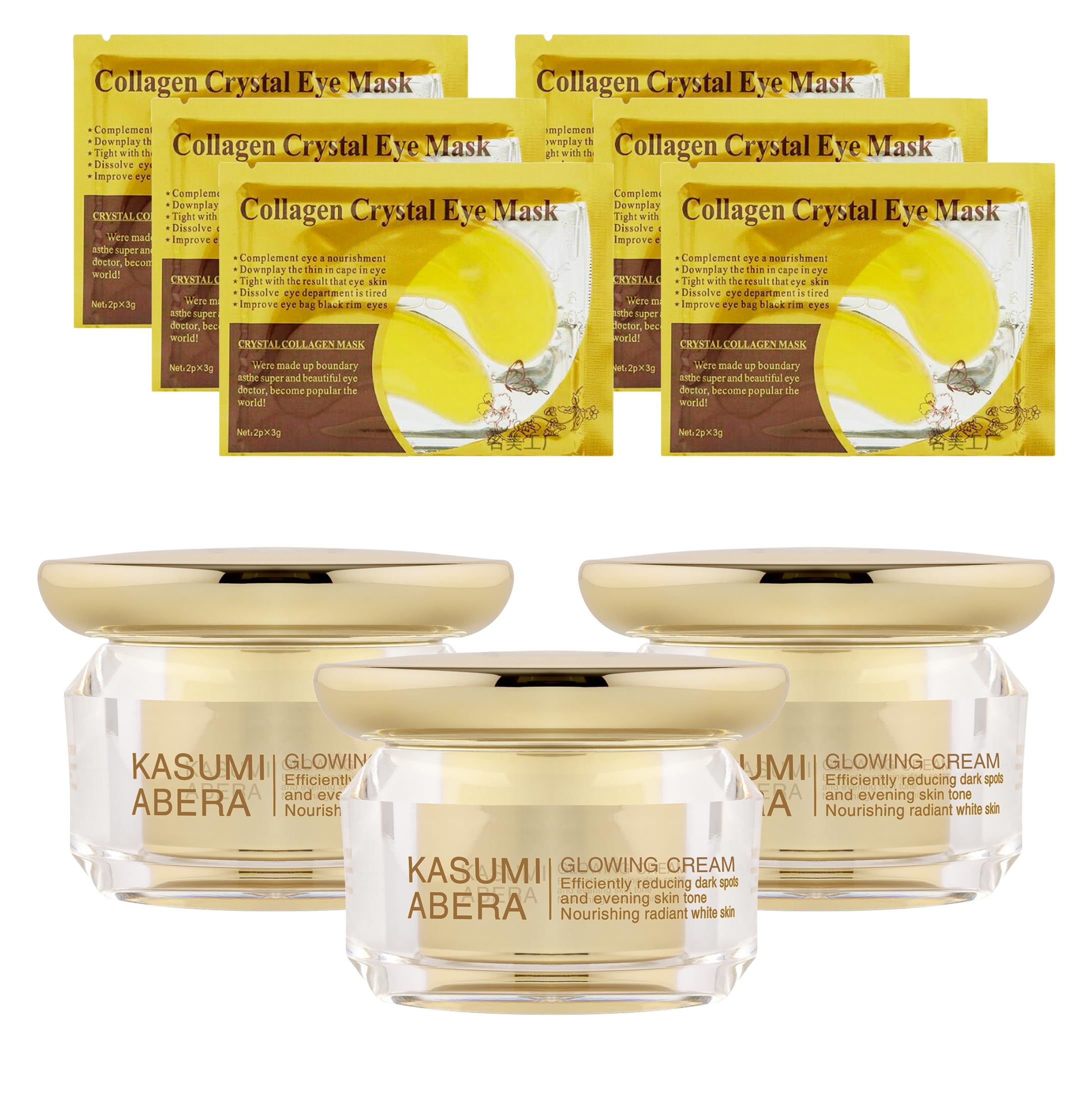 ABERA Kasumi Glowing Cream - Dark Spot Remover & Melasma Treatment for Face with Gold Eye Patches (0.7 Oz, 3 Boxes + 6 Eye Patches) | Brightening Skincare for Hyperpigmentation & Evening Skin Tone | Perfect for Daily Use & Nighttime Routine