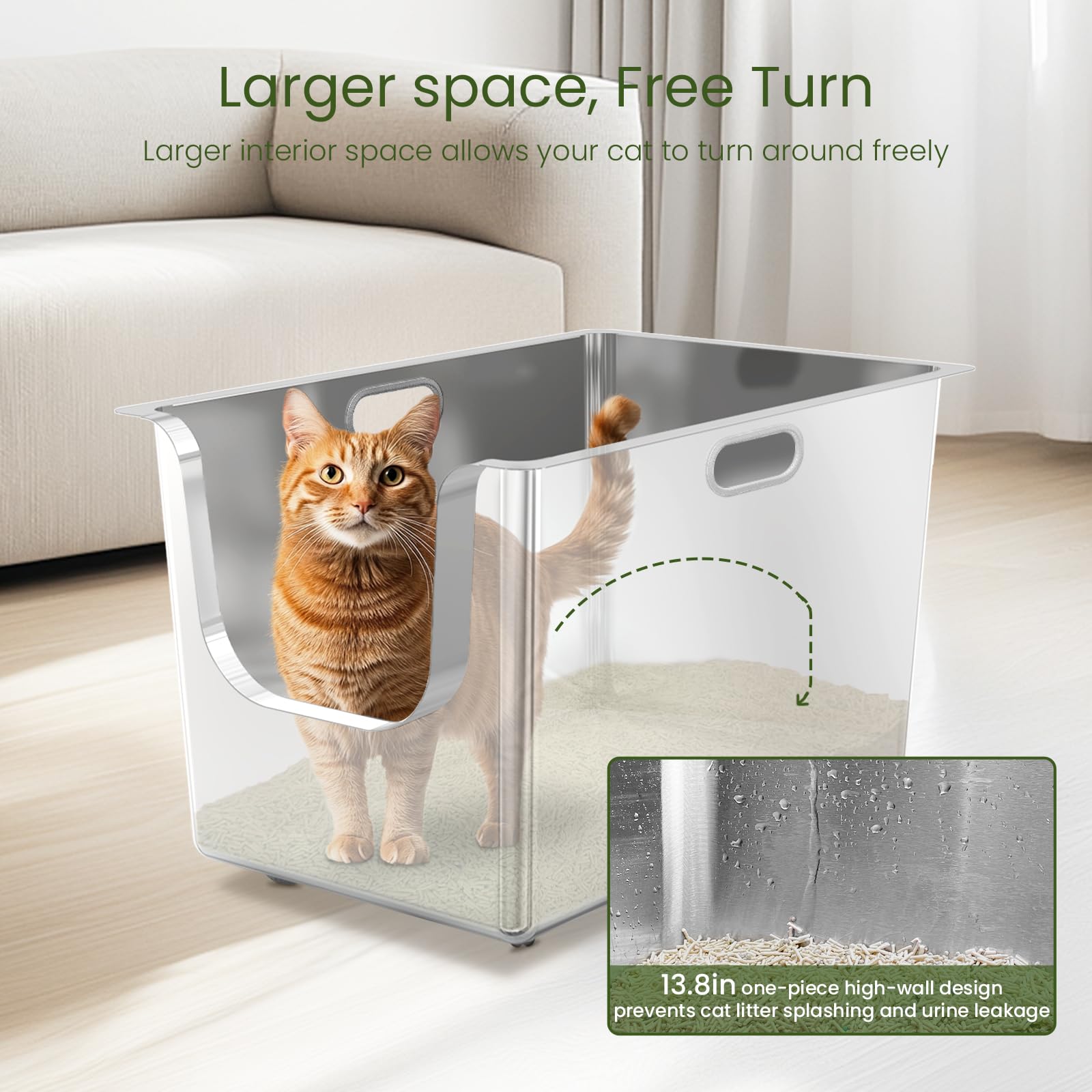 XL Stainless Steel Cat Litter Box - 13.8'' High Sides with 4.7'' Curved Low Entry | Large Metal Litter Pan for Multiple Cats | Easy-Move Design with Wheels | Perfect for Homes with Big Cats & Kittens | Durable & Odor-Resistant Pet Accessory