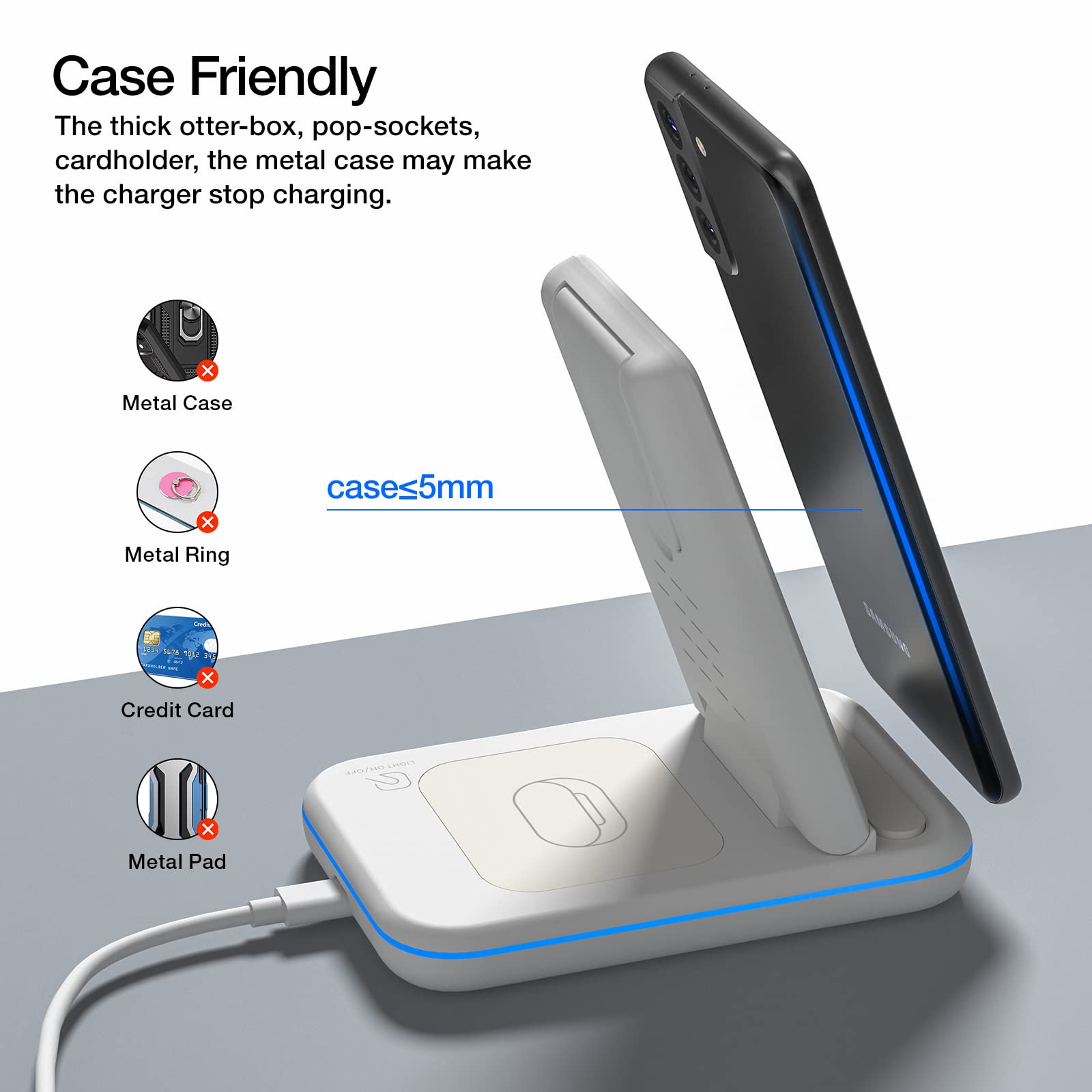 HOLYJOY 3-in-1 Foldable Fast Wireless Charging Station for Samsung S25 Ultra/S24/Note 20, Galaxy Watch 7/6/5/4/Active 2 & Buds - Portable Travel Charger Stand (White) | Perfect for Home, Office & Travel Use