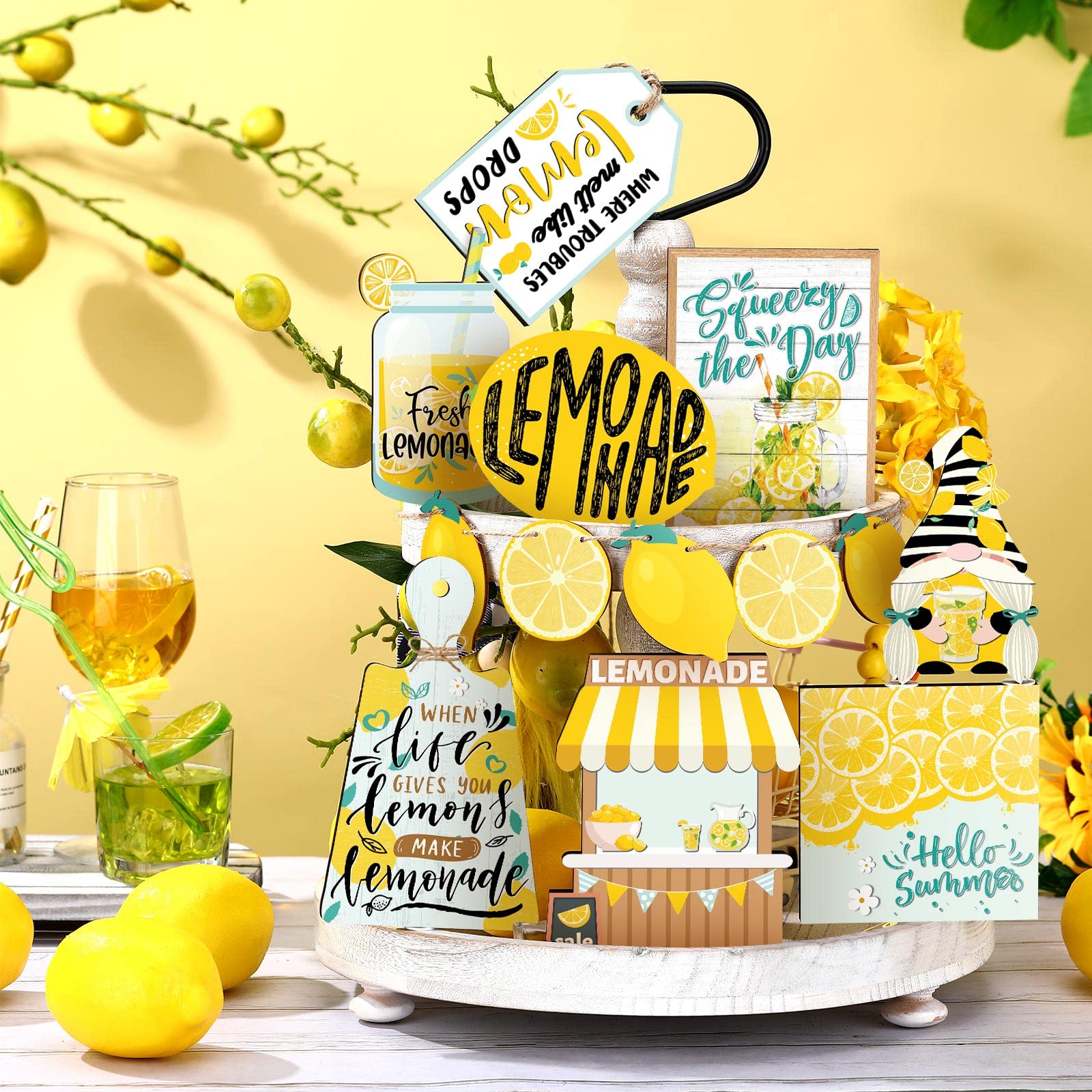 Qunclay 13 Pcs Lemon Tiered Tray Decor - Rustic Farmhouse Wooden Signs for Kitchen, Summer Lemonade Party & Home Decor | Perfect for Table Centerpieces, Wall Decor, and Seasonal Display