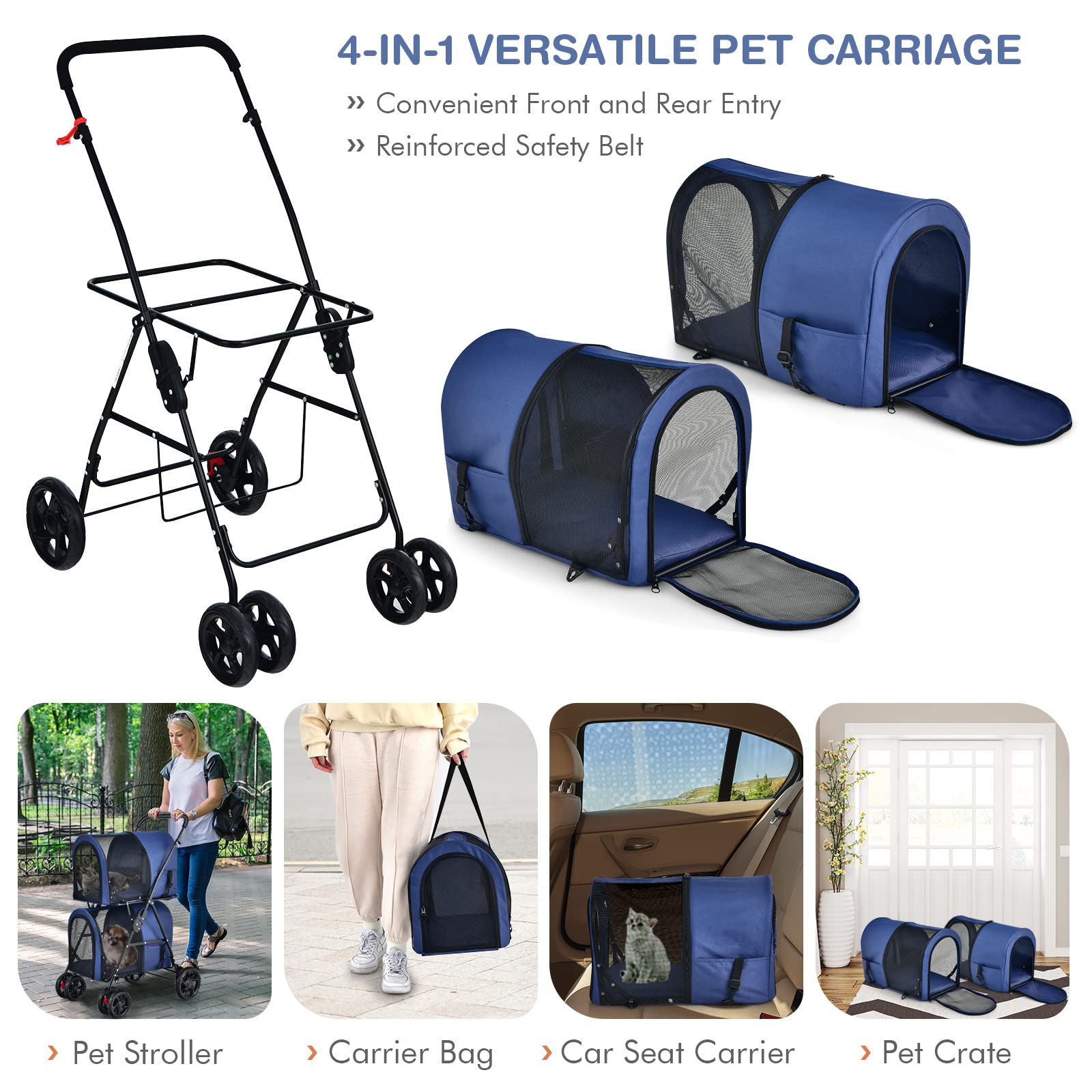 Giantex Double Pet Stroller for Dogs & Cats - 2 Detachable Carrier Bags, Safety Belt, 4 Lockable Wheels - Foldable Travel Carrier for Small & Medium Pets - Perfect for Park Walks, Vet Visits & Shopping Trips (Navy Blue)