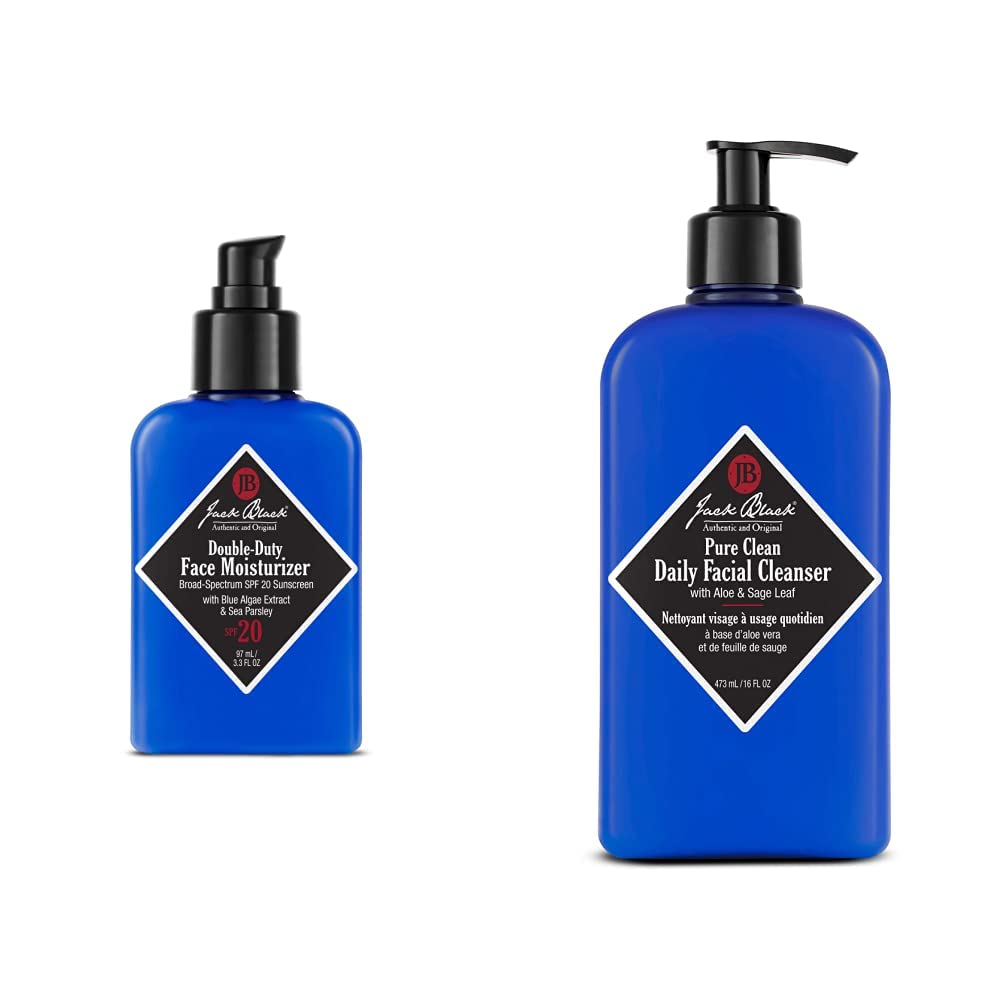 Jack Black Double-Duty Face Moisturizer & Pure Clean Daily Facial Cleanser Set for Men - Hydrating Skincare Routine for Dry & Sensitive Skin - Perfect for Morning & Night Use