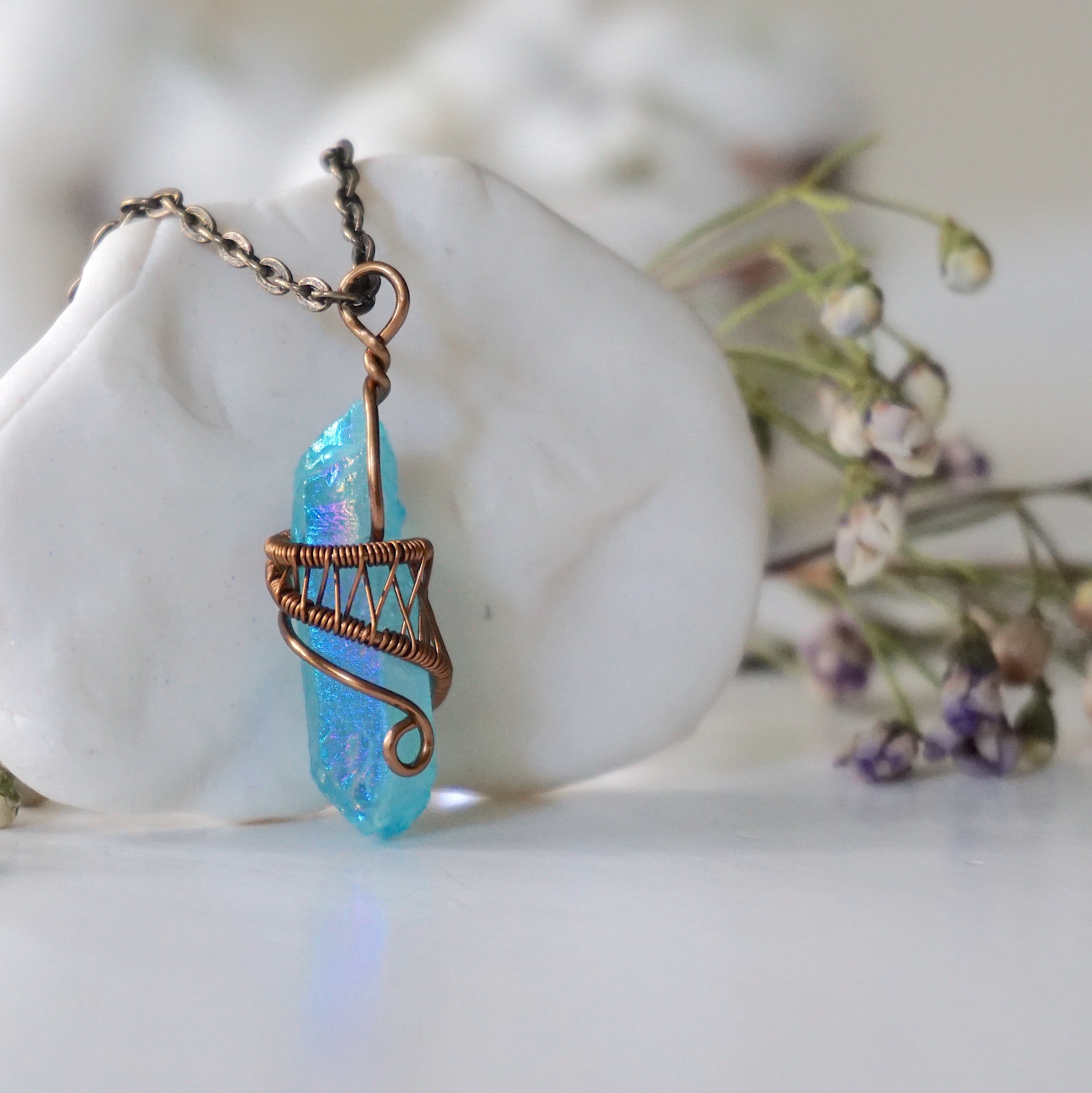 Aqua Aura Quartz Necklace - Healing Crystal Point Pendant with Antique Bronze Chain | Spiritual Jewelry for Meditation, Energy Cleansing & Chakra Balancing