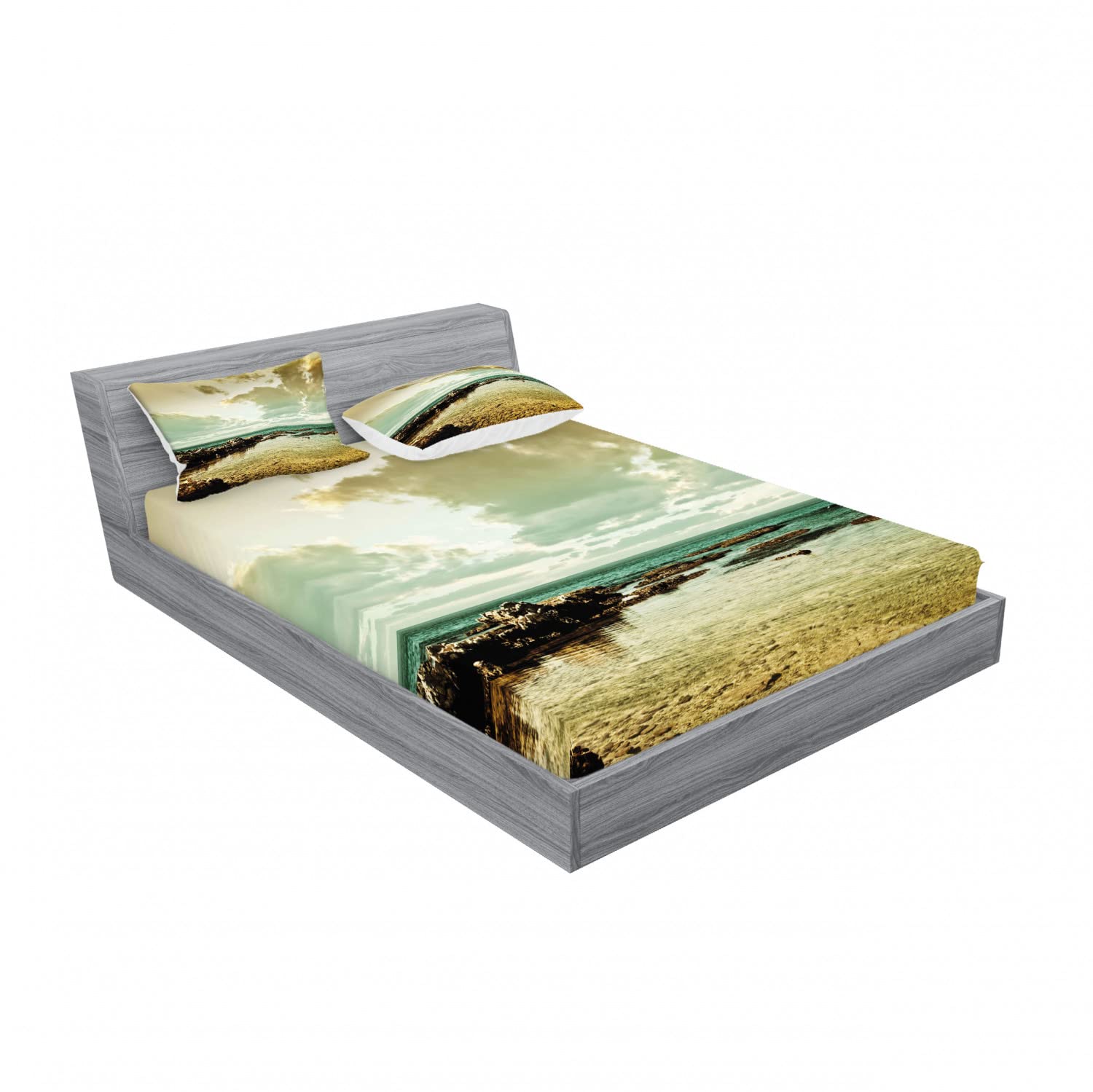 Ambesonne 2-Pack Full Size Fitted Sheet Set with 4 Pillow Shams - Ocean Island Scenic Bedding in Beige Sepia Teal | Coastal Themed Bedroom Decor for Guest Rooms & Vacation Homes