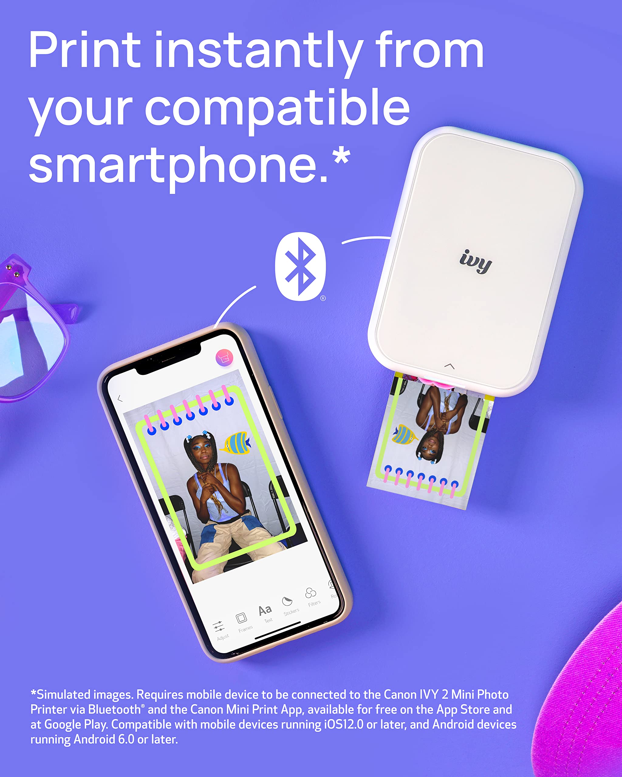 Canon IVY 2 Mini Photo Printer - Wireless Portable Zink Printer for iPhone & Android, Sticky-Back Instant Prints with 20-Sheet Photo Paper Pack - Perfect for Travel, Scrapbooking & DIY Projects