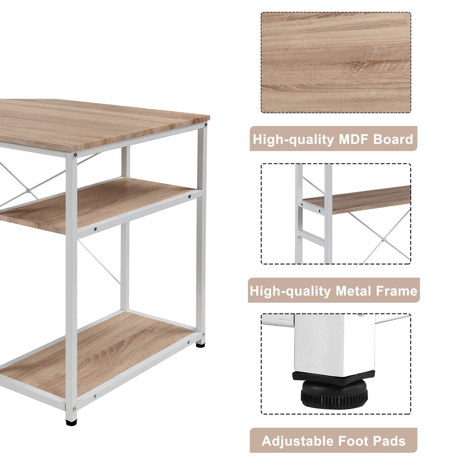 Modern Home Office Computer Desk with Metal Frame & MDF Board - 5-Tier Open Bookshelf for Maximum Storage Space (Oak Finish) - Perfect for Small Spaces, Dorm Rooms & Workstations