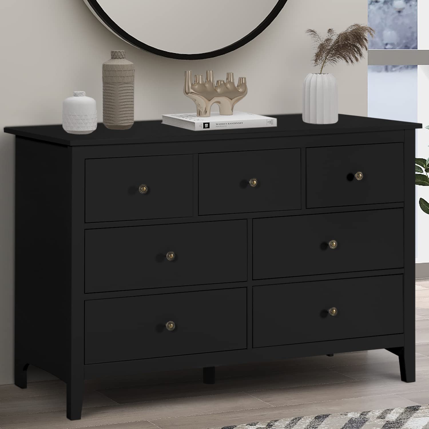 Vikiullf 3-Piece Modern Bedroom Set - Black Wooden 7-Drawer Dresser & 1-Drawer Nightstands, Contemporary Bedroom Furniture for Master Bedroom, Guest Room & Apartment Decor