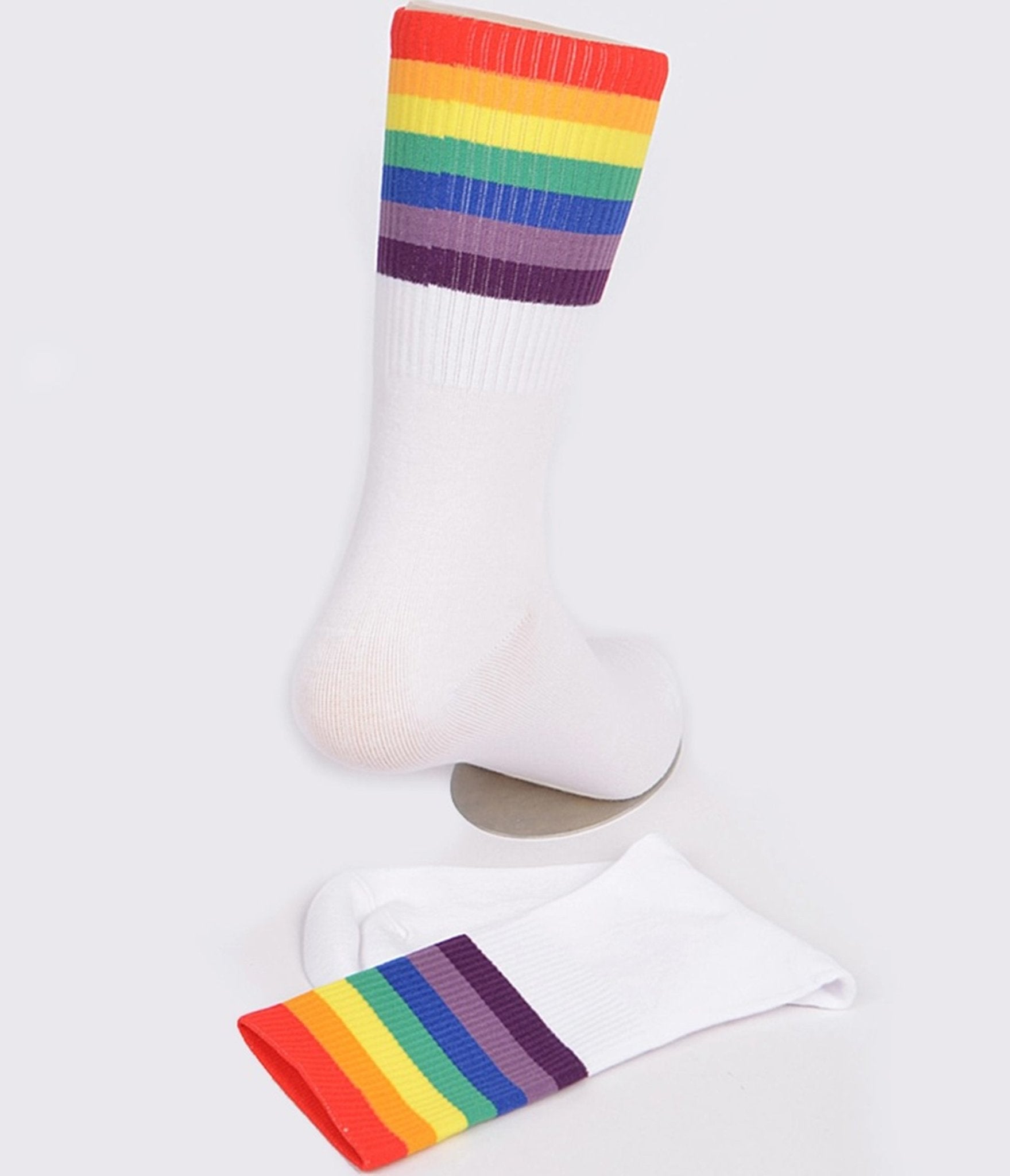 Rainbow Trim & White Crew Socks - Colorful Comfortable Ankle Socks for Men & Women - Perfect for Running, Gym, Workout and Casual Wear