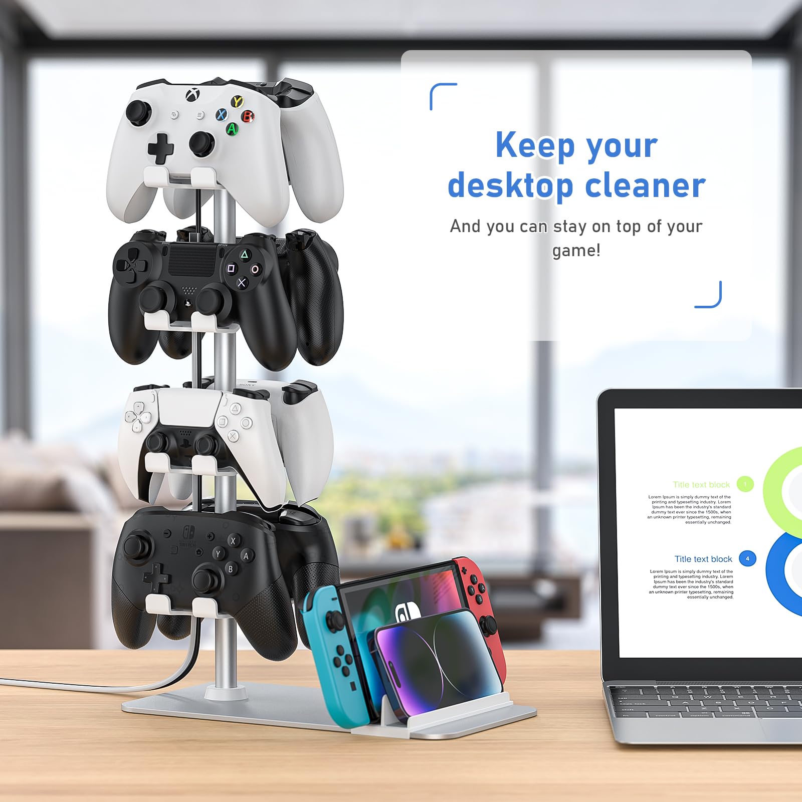 MANMUVIMO Controller Holder for Xbox PS5 PS4 Switch - 8 Gaming Controller Stand Desk Organizer with Headset/iPad/Mobile Phone Storage - Perfect Gaming Room Accessories & Gifts for Gamers (White) - Ideal for Game Room Setup, Desk Organization & Gamer Gifts