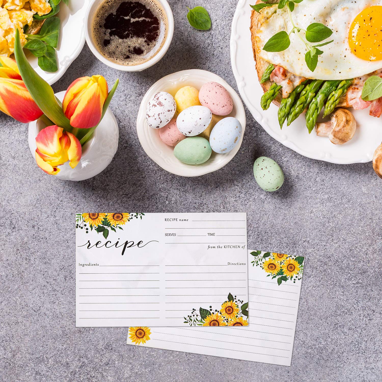 Sunflower Recipe Cards - Floral Double-Sided Kitchen Recipe Cards for Cooking & Baking - Perfect for Weddings, Bridal Showers & Home Organization (50-Pack)