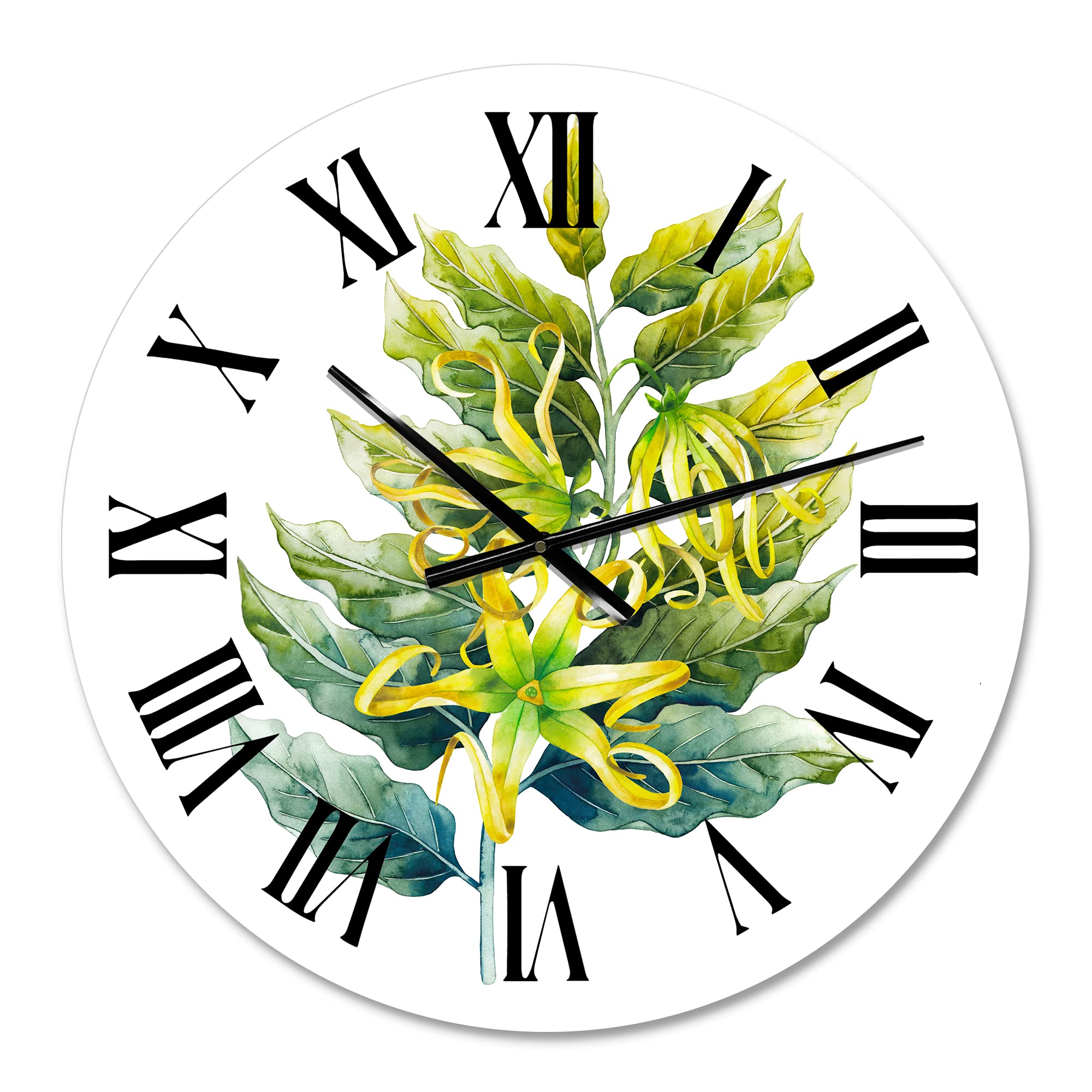 DesignQ Traditional Wall Clock 'Ylang Ylang Flower' - Large Floral & Botanical Wall Clock for Kitchen, Living Room, Bedroom Decor | Perfect for Home, Office & Gift Giving
