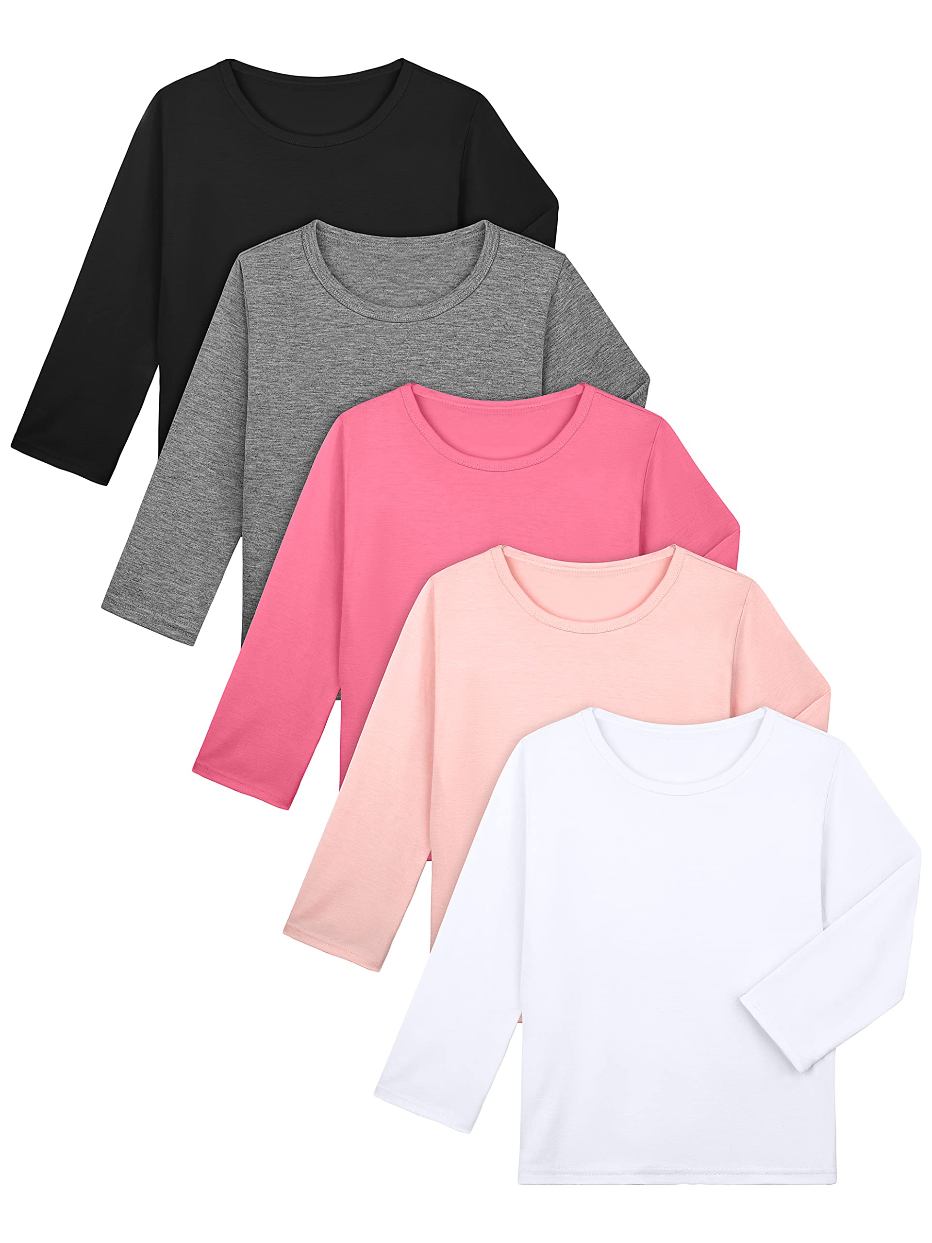 Cooraby 5 Pack Girls' Long Sleeve T-Shirts - Soft Cotton Crewneck Toddler Tees for Kids - Perfect for School, Playdates & Everyday Wear