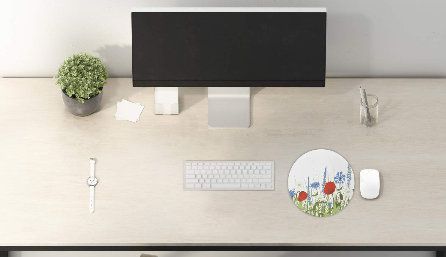 Ambesonne Spring Floral Mouse Pad - Bloomed Poppy & Chamomile Wild Herbs Design, Non-Slip Thick Rubber Gaming Mousepad, 8 Inch Round for PC Laptop Computer - Perfect for Office, Gaming & Home Workspace (Apple Green & Azure Blue)