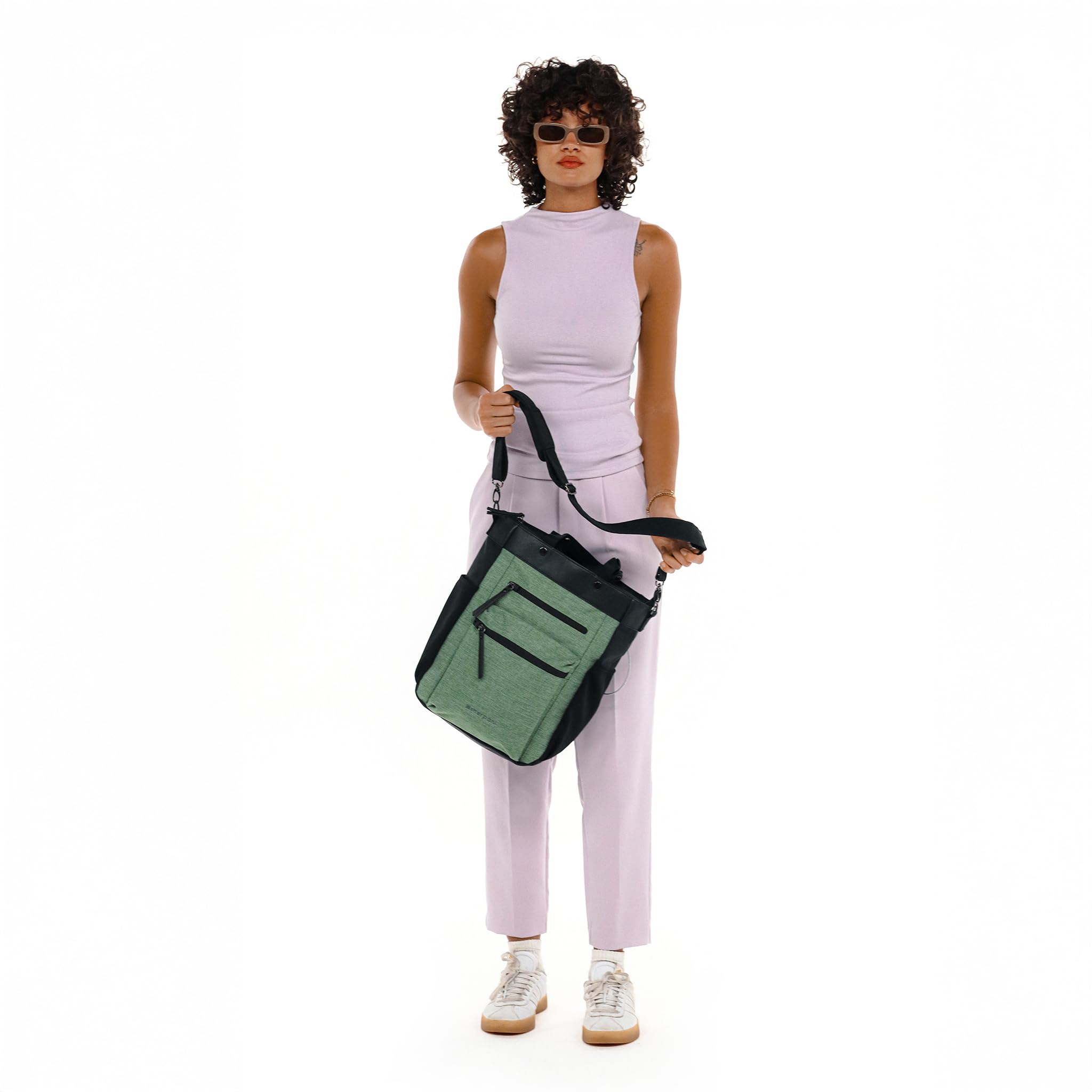 Sherpani Soleil Anti-Theft Convertible Backpack for Women - 3-in-1 Tote, Crossbody Bag & Purse with RFID Protection - 18L Lightweight Travel Backpack Fits 15” Laptop - Metal Hardware (Basil Green) - Perfect for Commuting, Work & Vacation Travel