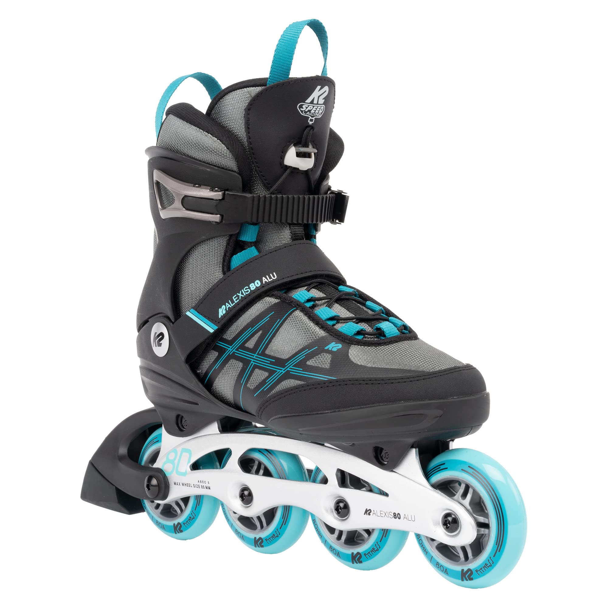 K2 Alexis 80 ALU Gray-Cyan Women's Inline Skates - Comfortable & Durable for Outdoor Fitness, Rollerblading & Recreational Skating