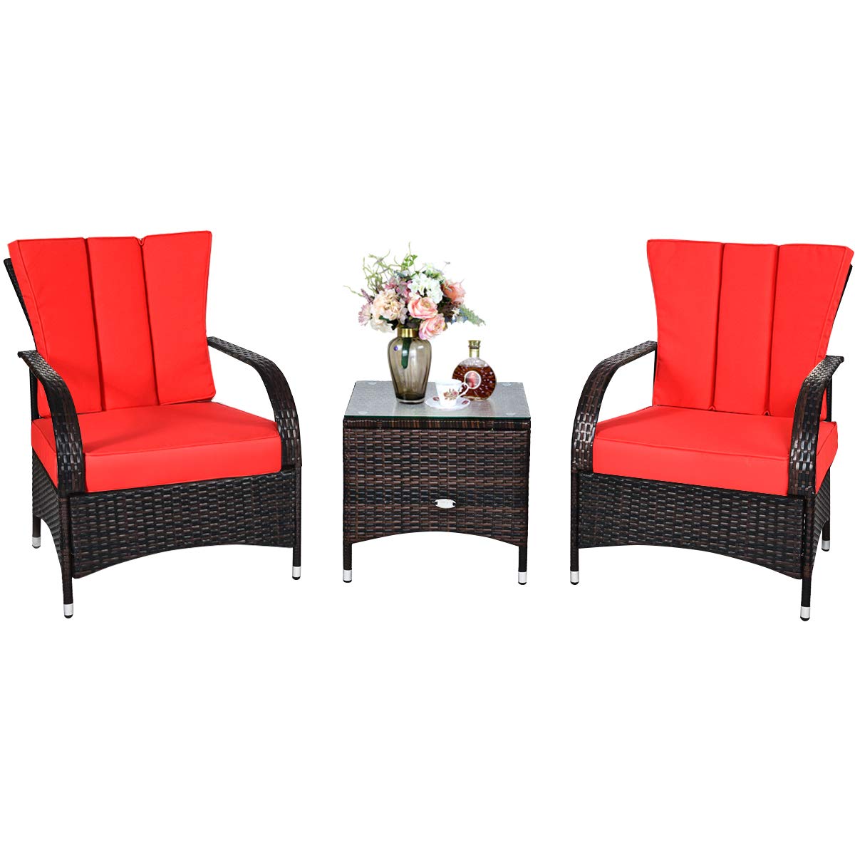 Tangkula 3-Piece Outdoor Patio Furniture Set - Wicker Rattan Sofa & Coffee Table with Cushions - Red Conversation Set for Garden, Balcony, Backyard - Perfect for Relaxing & Entertaining Guests