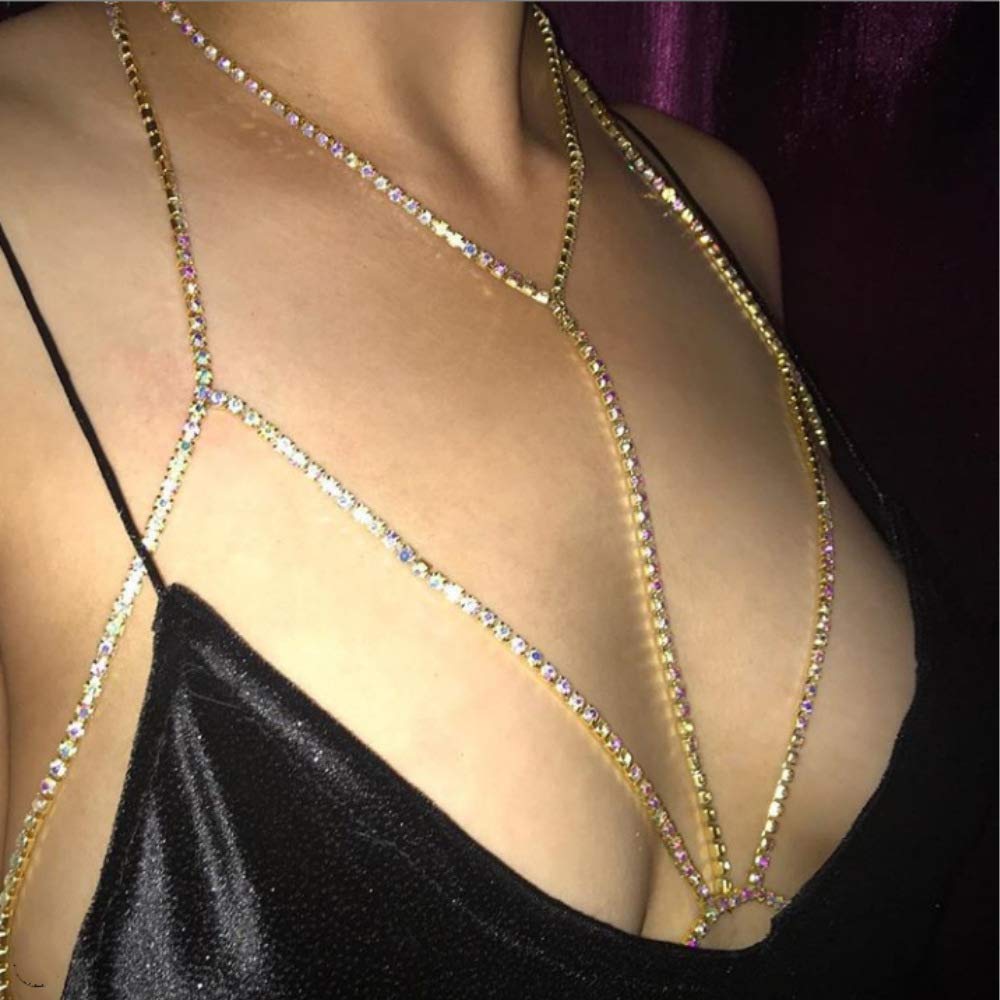 Sparkling Rhinestone Body Chain Jewelry for Women - Gold & Silver Bikini Chest Harness, Crystal Decorated Bra Strap - Perfect for Beach Parties, Music Festivals & Bachelorette Events