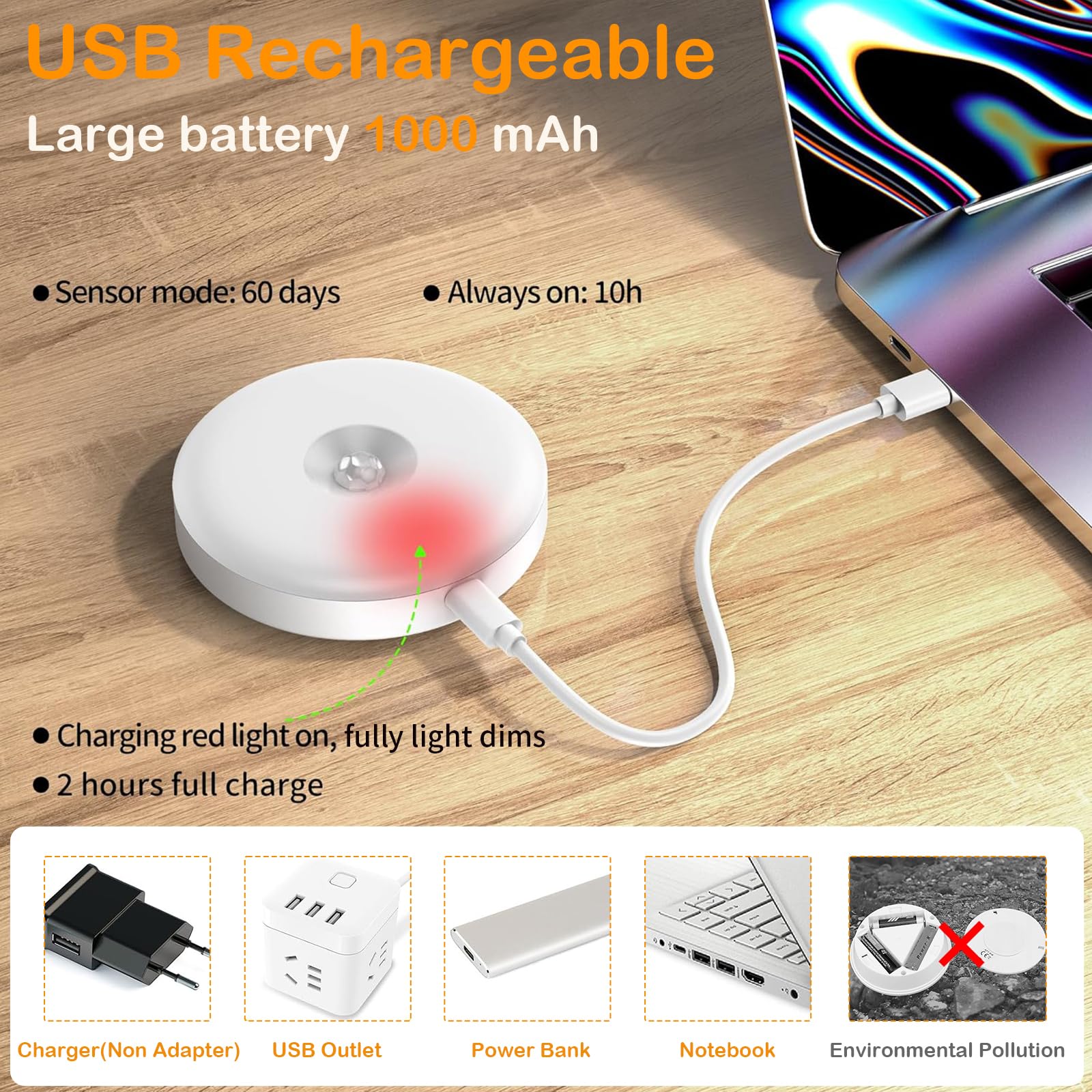 6 Pack Rechargeable LED Puck Lights with Motion Sensor - 1000mAh Battery Operated Tap Lights, Dimmable Push Lights for Closet, Under Cabinet, Stairs & Home Decor - USB Stick On Lights for Bedroom, Kitchen, Garage & Storage Spaces