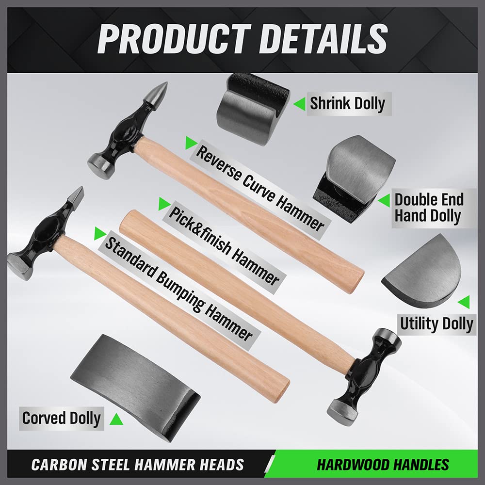 SWANLAKE 7-Piece Auto Body Repair Kit - Professional Carbon Steel Hammer Heads & Dent Puller Tools for Car Dent Removal & Paintless Dent Repair (DIY & Auto Shop Use)
