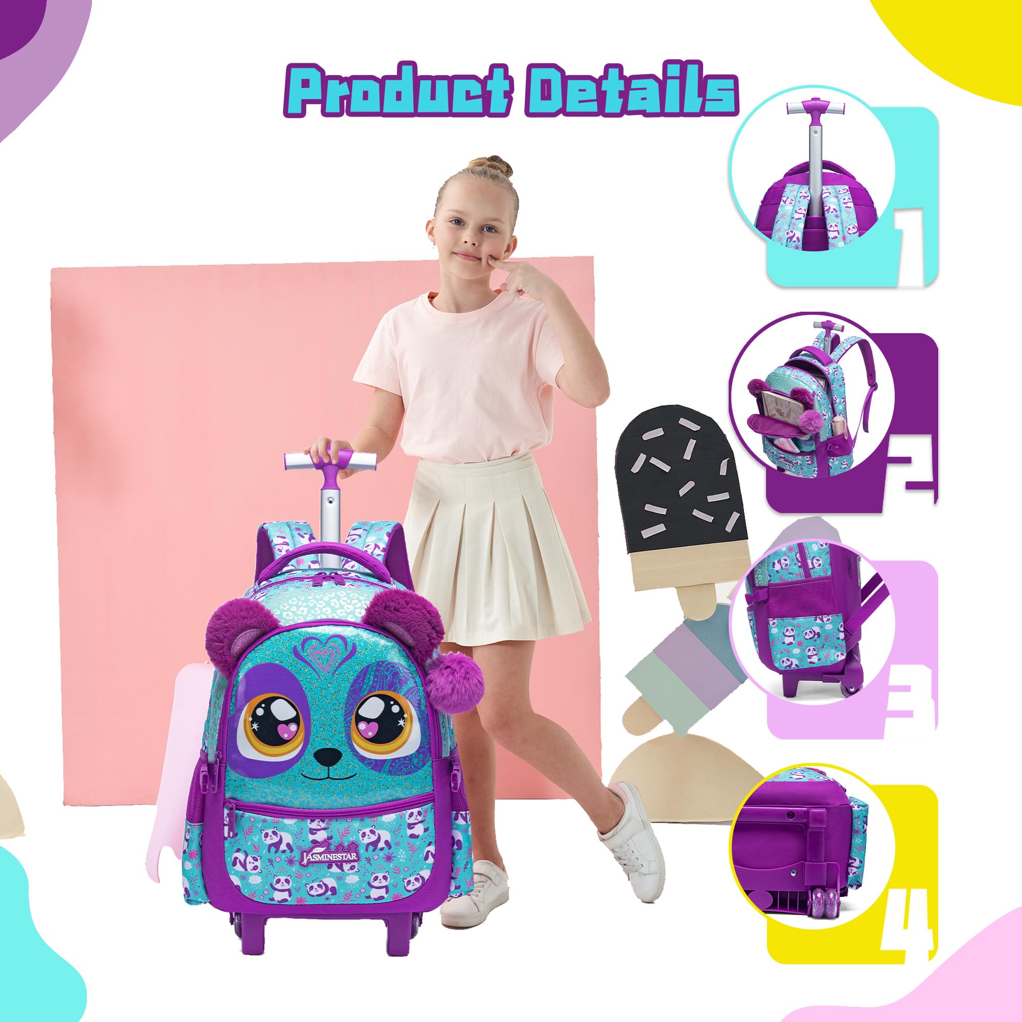 Adorable Rolling Backpack for Girls Age 8-10 - 3-in-1 Wheeled School Backpack with Lunch Box & Carry Handle - Perfect for Elementary Students, Travel & Daily Use