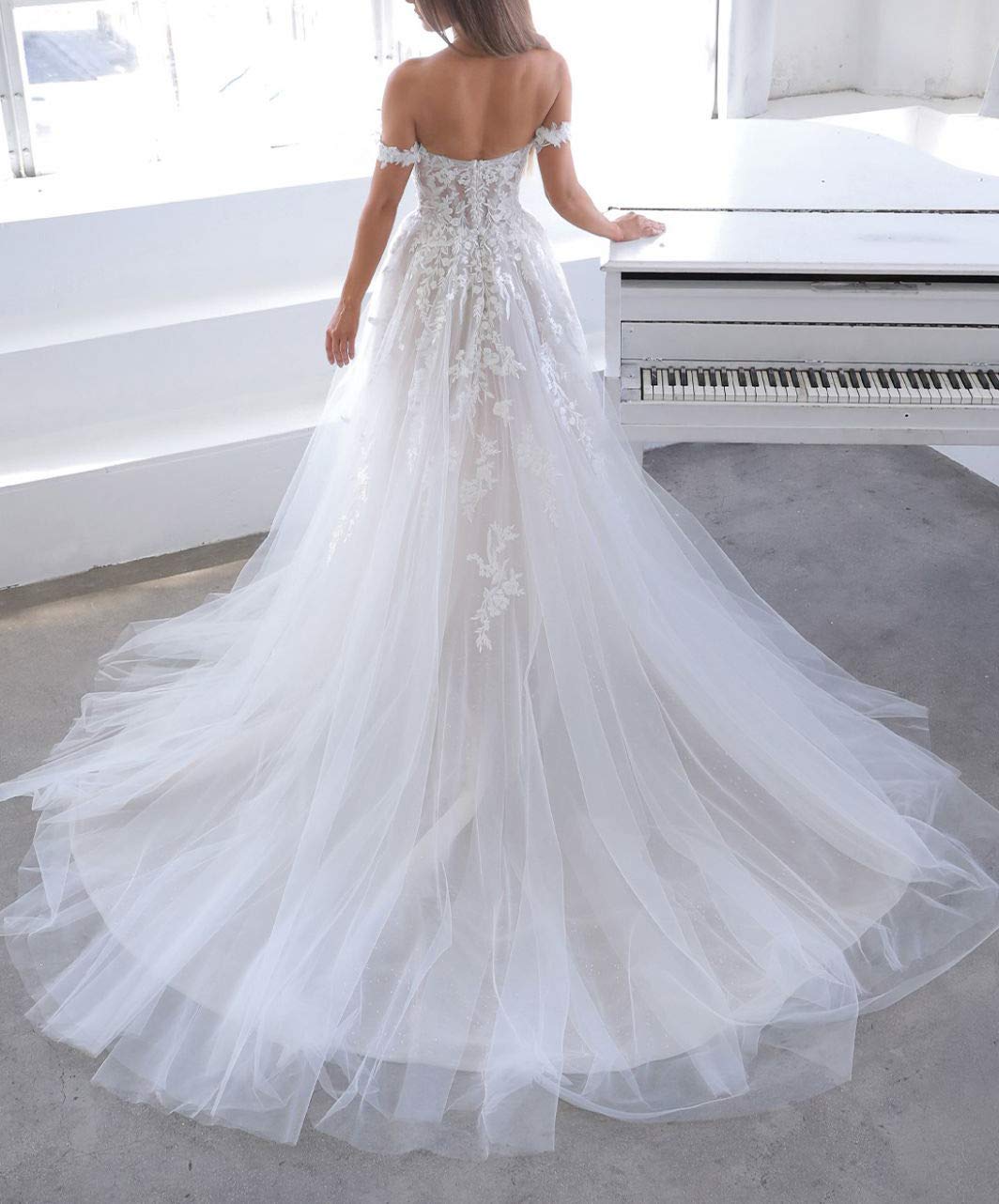 Elegant Lace Beach Wedding Dresses for Bride 2024 - Off Shoulder Tulle Appliqued Bridal Gowns | Perfect for Destination Weddings, Beach Ceremonies & Romantic Photoshoots