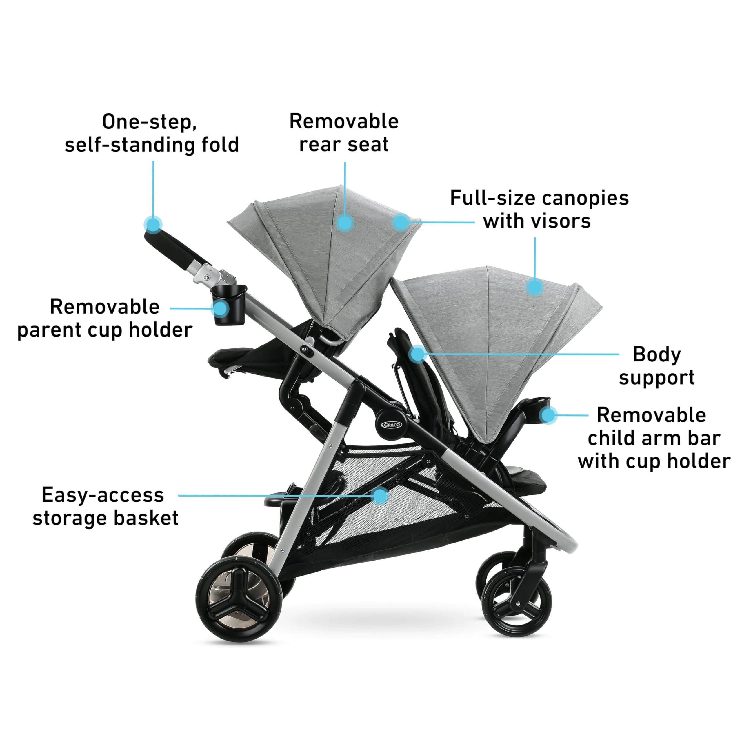 Graco Ready2Grow LX 2.0 Double Stroller with Bench Seat & Standing Platform - Lightweight Compact Foldable Stroller for Twins & Siblings - Perfect for Shopping, Travel & Daily Walks