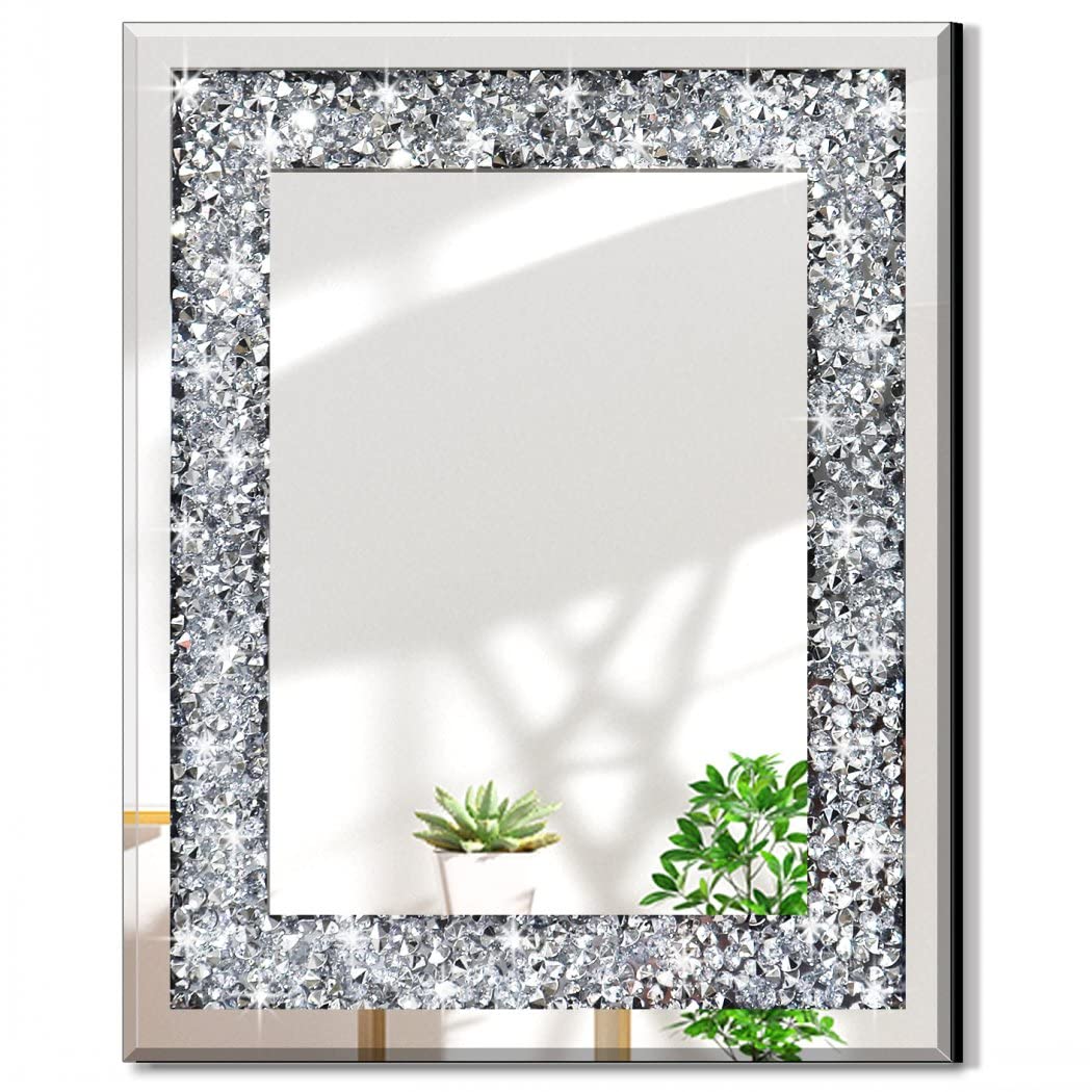 16x20 Inch Silver Crystal Crush Diamond Wall Mirror - Frameless Rectangle Decorative Mirror for Bedroom, Living Room & Bathroom - Sparkling Home Décor with Diamond Accents