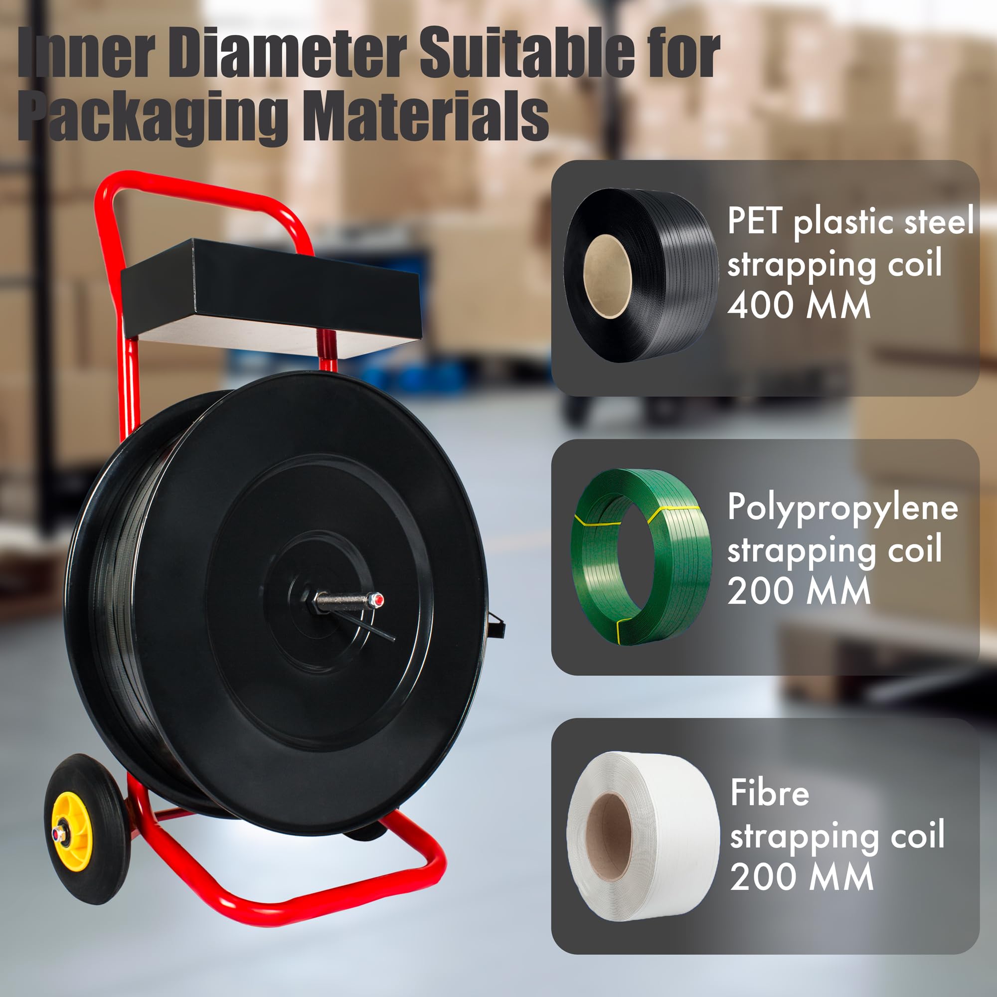 Premium Strapping Dispenser with Built-in Tray - Heavy Duty for Polypropylene, Fiber & Steel Strapping - Mobile Banding Cart for Secure Shipping & Logistics