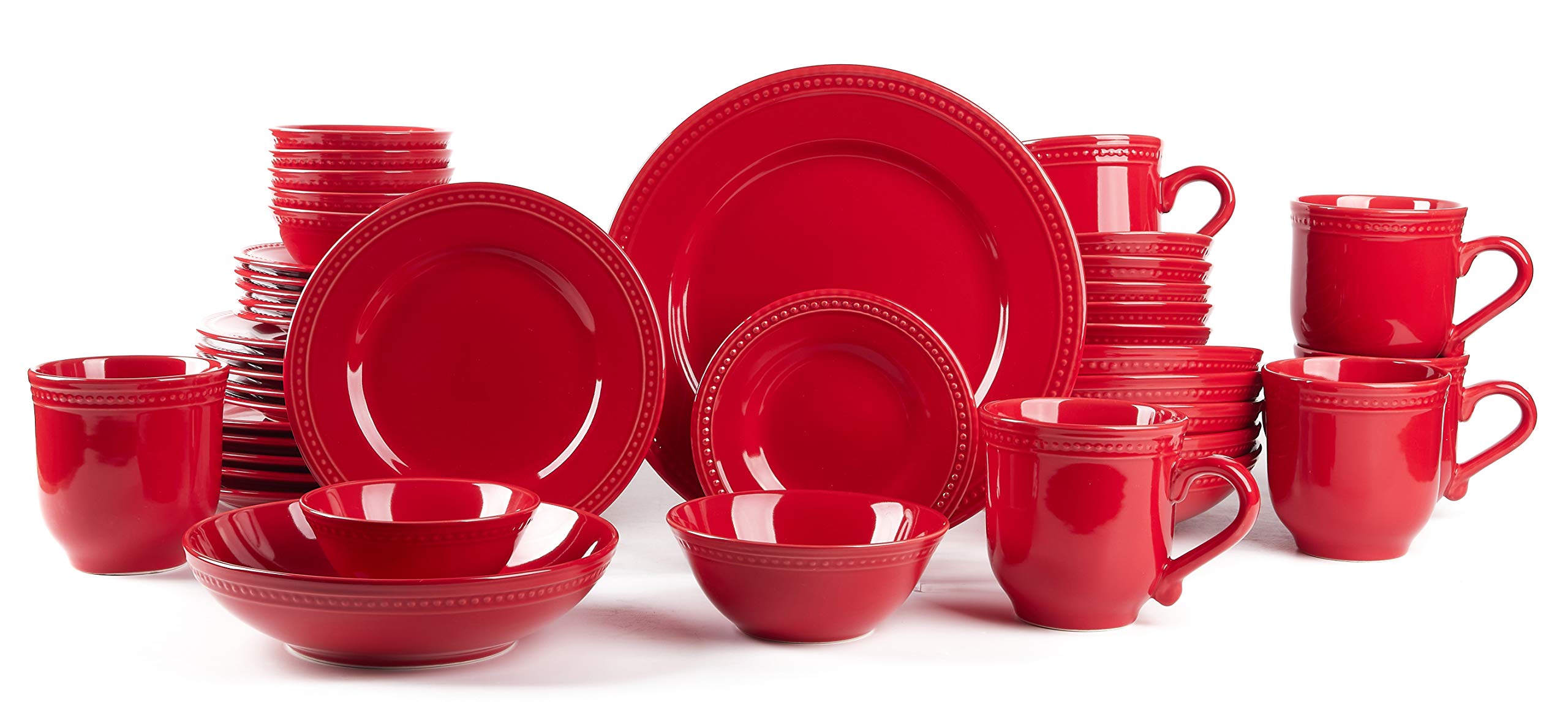 Premium Pearl Dots Stoneware Dinnerware Set - 42 Piece Service for 8, Vibrant Red - Elegant Tableware for Holiday Dinners, Wedding Registry & Upscale Entertaining