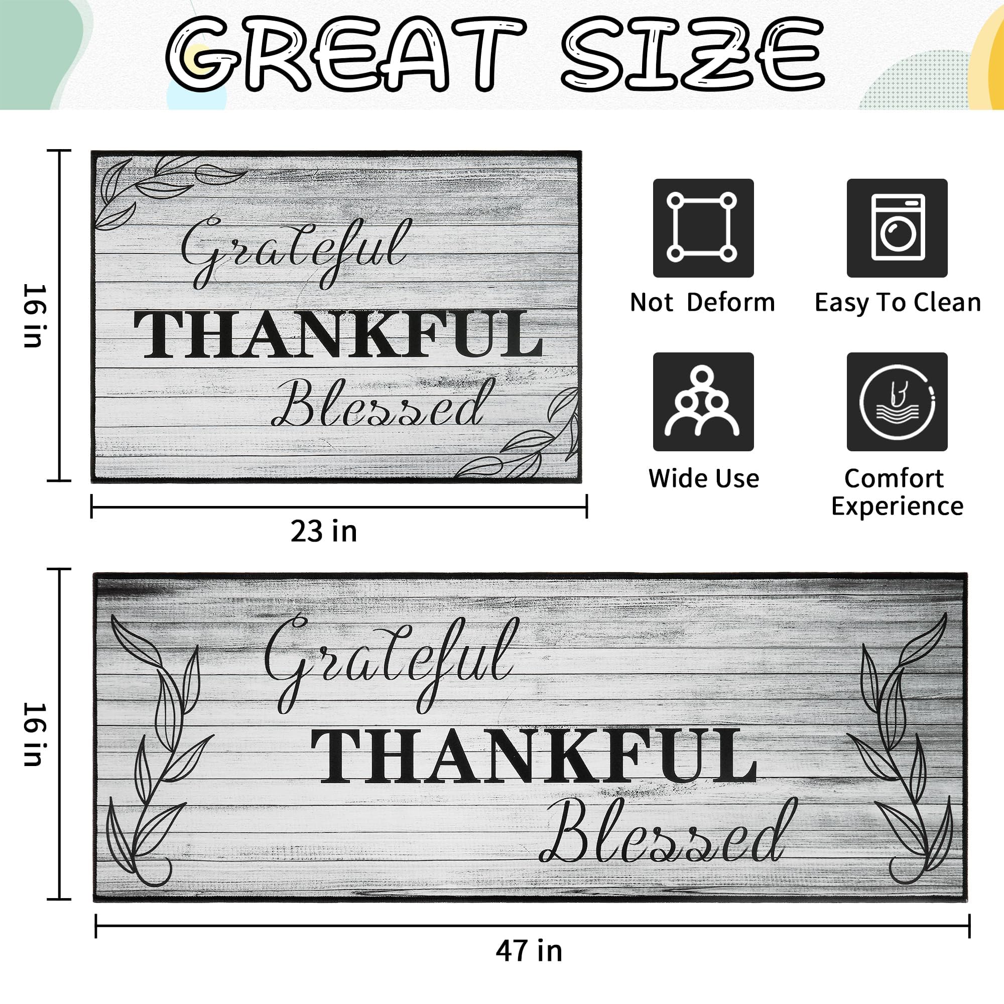 2 Pcs Washable Non-Slip Kitchen Rugs Set - Cushioned Farmhouse Floor Mats for Sink, Bathroom, Home - Perfect for Standing Comfort in Kitchen & Laundry Areas