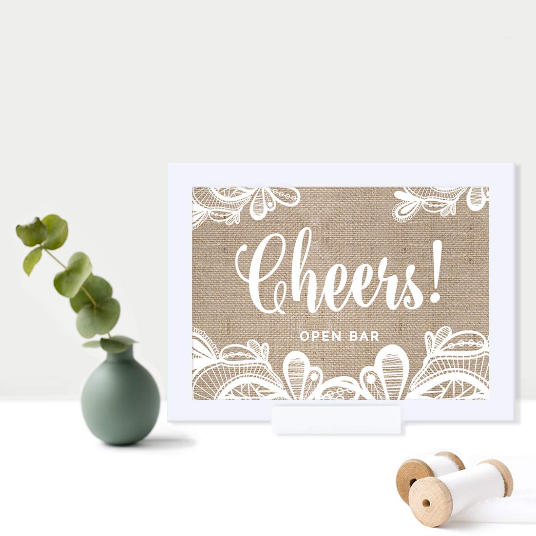 5x7 Inch Andaz Press Wedding Framed Party Sign - Burlap Lace Printed Cardstock Open Bar Cheers Sign - 1-Pack with Frame - Perfect for Wedding Receptions, Bridal Showers & Anniversary Celebrations