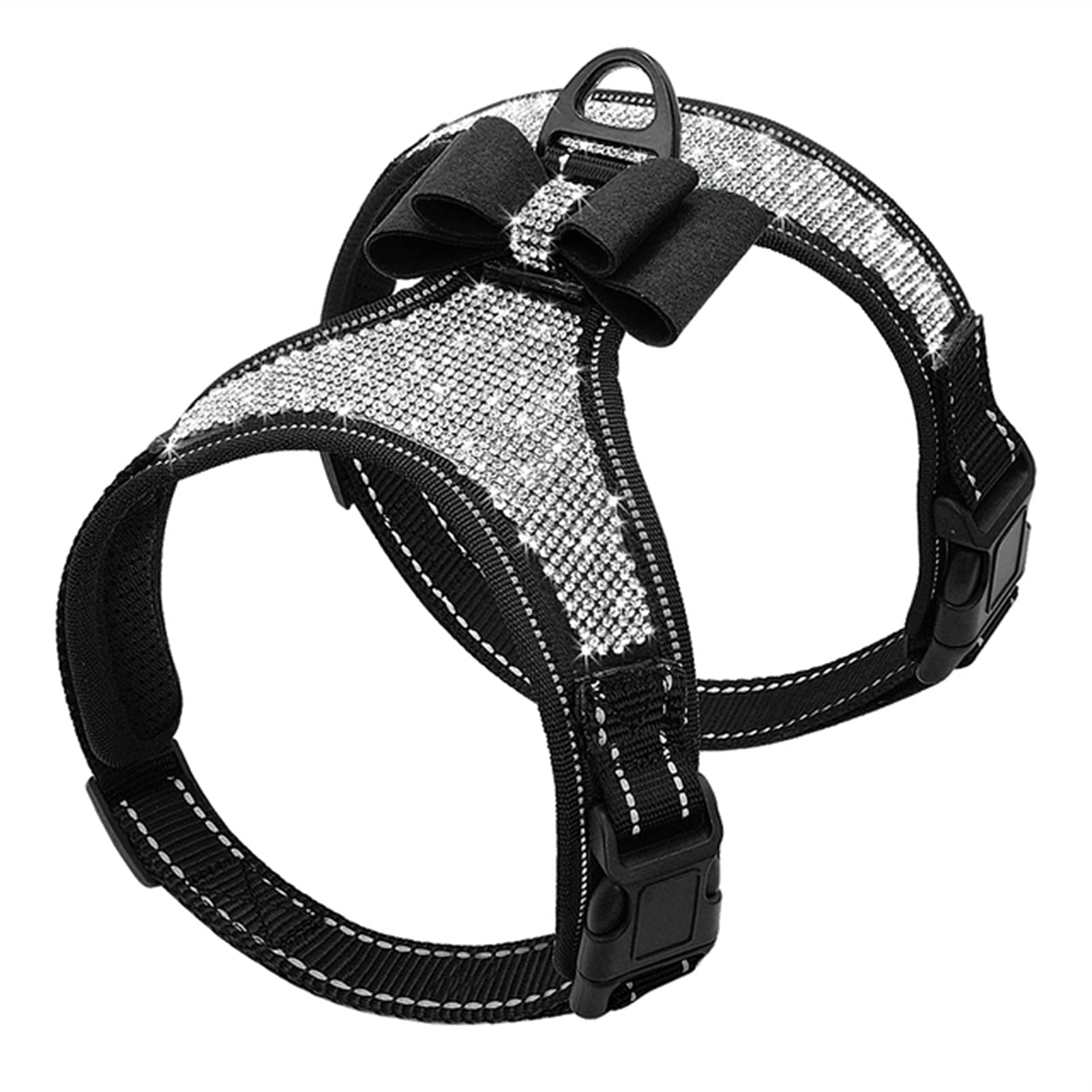 FNSK Reflective Nylon Dog Harness with Rhinestone Bowknot - Adjustable Small Medium Pet Vest for Pitbull, Pug & Other Breeds - Perfect for Night Walks, Training & Outdoor Adventures (Black, Size S)