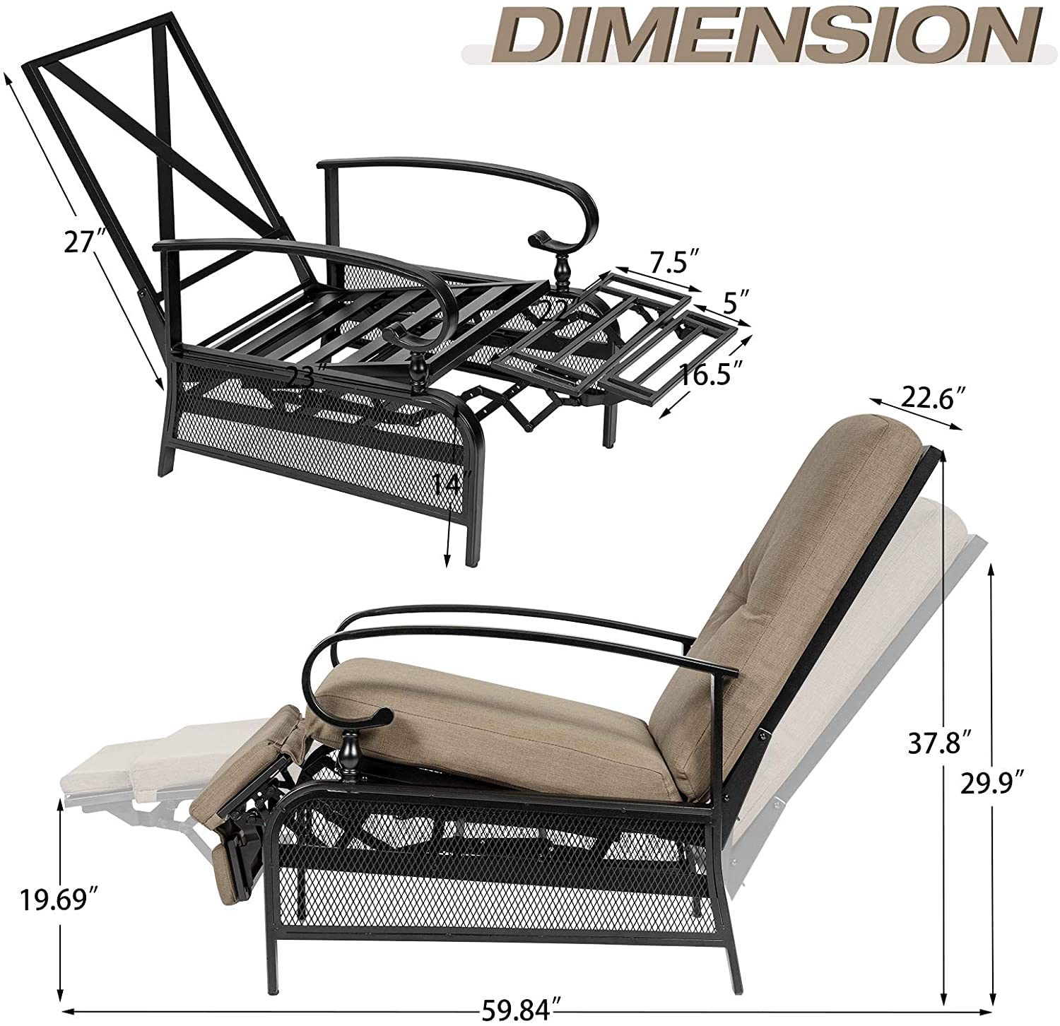 Adjustable Outdoor Lounge Chair with Removable Cushions - Durable Metal Recliner Sofa for Patio, Garden, Poolside, Backyard - Comfortable Brown Sunbathing Chair - Perfect for Relaxing, Lounging, and Enjoying Outdoor Spaces