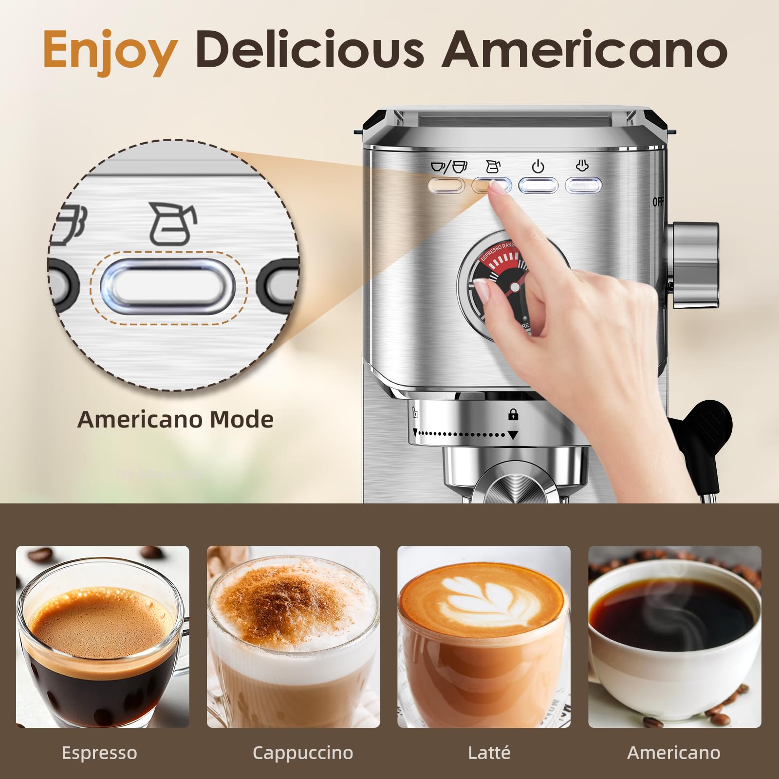 Spacekey 20 Bar Espresso Machine with Milk Frother - 1350W Professional Coffee Maker for Cappuccino, Latte & Americano - Compact Stainless Steel Design with 39oz Removable Water Tank (Silver) - Perfect for Home, Office or Coffee Shop Use