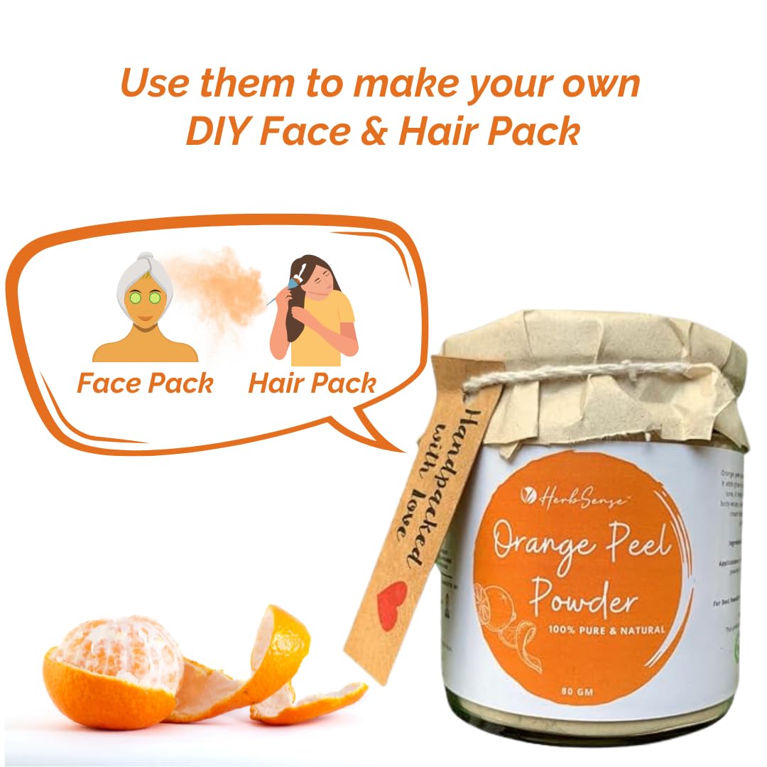 Herbsense 100% Natural Orange Peel Powder for Glowing Skin - Tan Removal, Sunburn Relief, Acne Scar Treatment & Oil Control | Chemical-Free Face Mask & Face Pack in Glass Jar (80g) | Perfect for Daily Skincare Routine & Spa Treatments