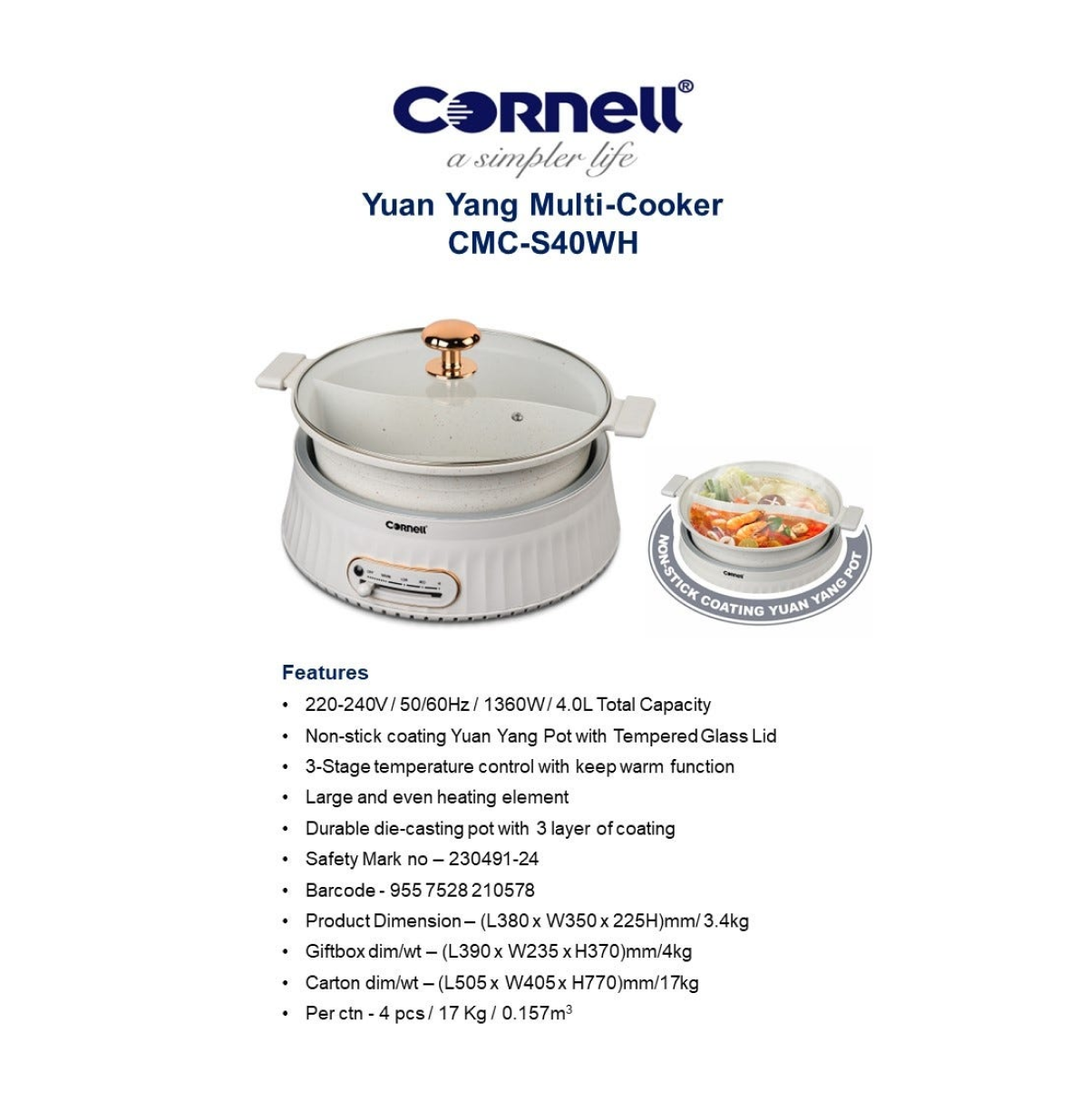 Cornell CMCS40WH Yuan Yang 4L Multi Cooker - Electric Pressure Cooker, Slow Cooker, Rice Cooker & Steamer - Perfect for Home Cooking, Meal Prep & Healthy Eating
