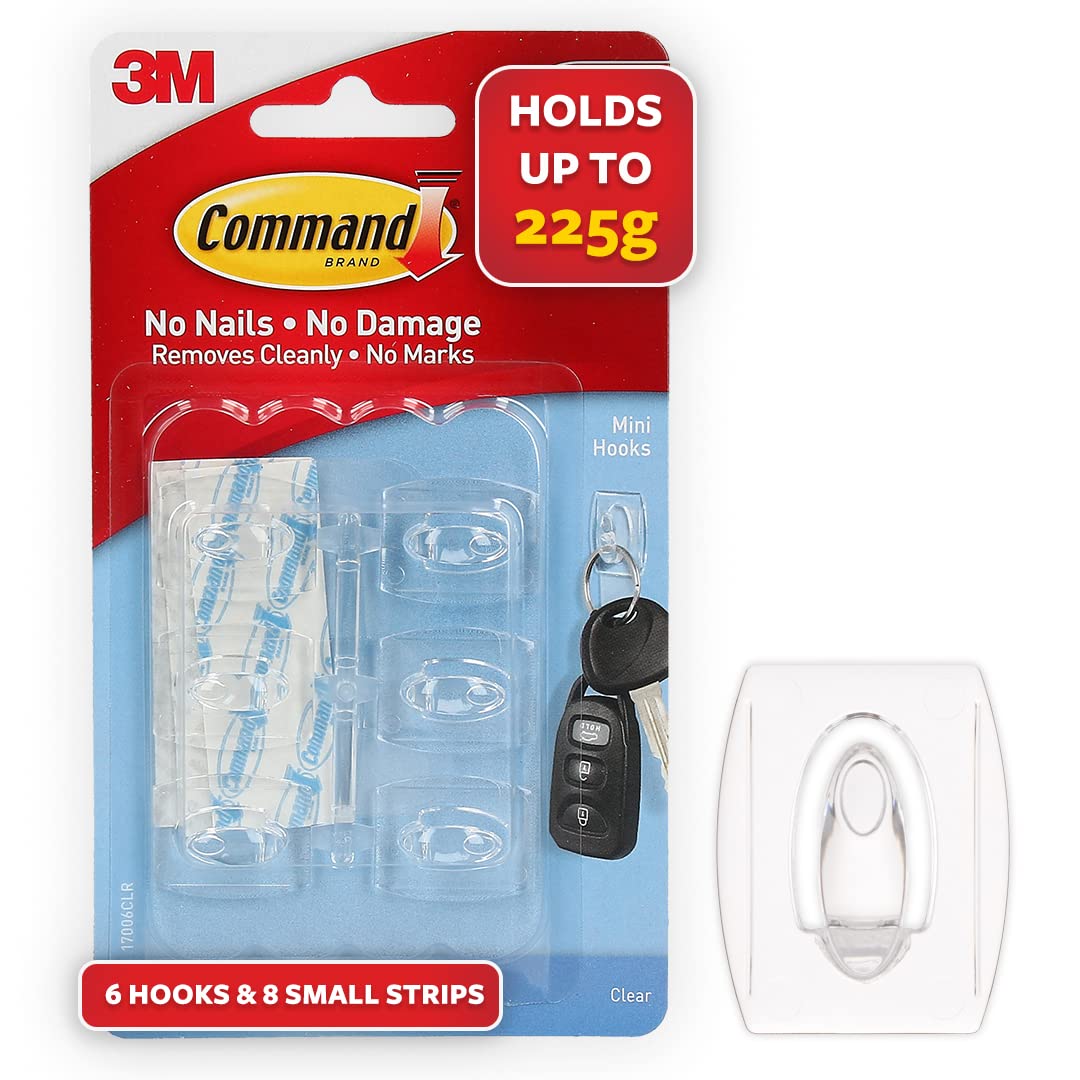 Command 395B Mini Utility Hooks - 1 Inch Clear Adhesive Hooks for Hanging Keys, Hats & Small Items - Perfect for Home, Office & Dorm Organization