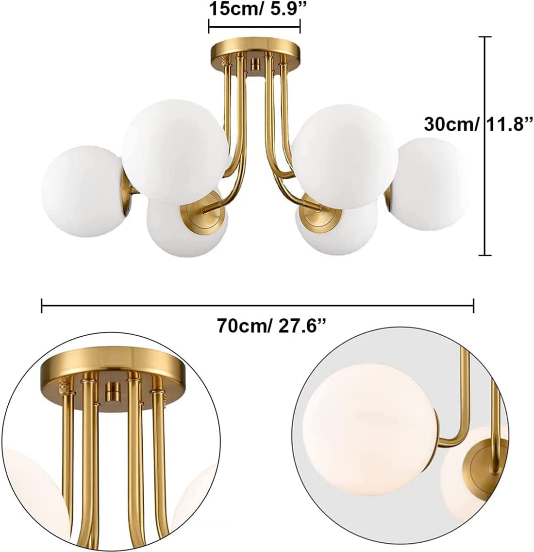 Modern 6-Light Gold Brushed Brass Sputnik Chandelier - Flush Mount Ceiling Light Fixture with Glass Globes - Simple Stylish Lighting for Bedroom, Living Room, Kitchen - Perfect for Dining Areas, Hallways & Home Decor