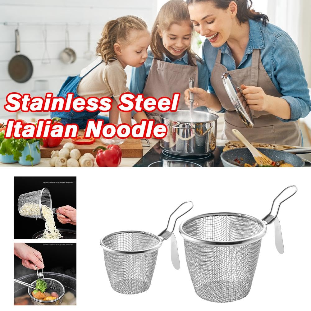Stainless Steel Mesh Pasta Basket - Boiling Blanching Strainer for Spaghetti, Ramen, Pho & Vegetables - Hanging Noodle Insert - Perfect for Home Cooking & Restaurant Use