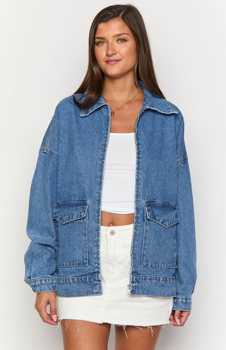 Abigail Mid Wash Denim Bomber Jacket for Women - Vintage Style Denim Jacket with Front Pockets - Perfect for Casual Outfits, Streetwear & Fall Layering
