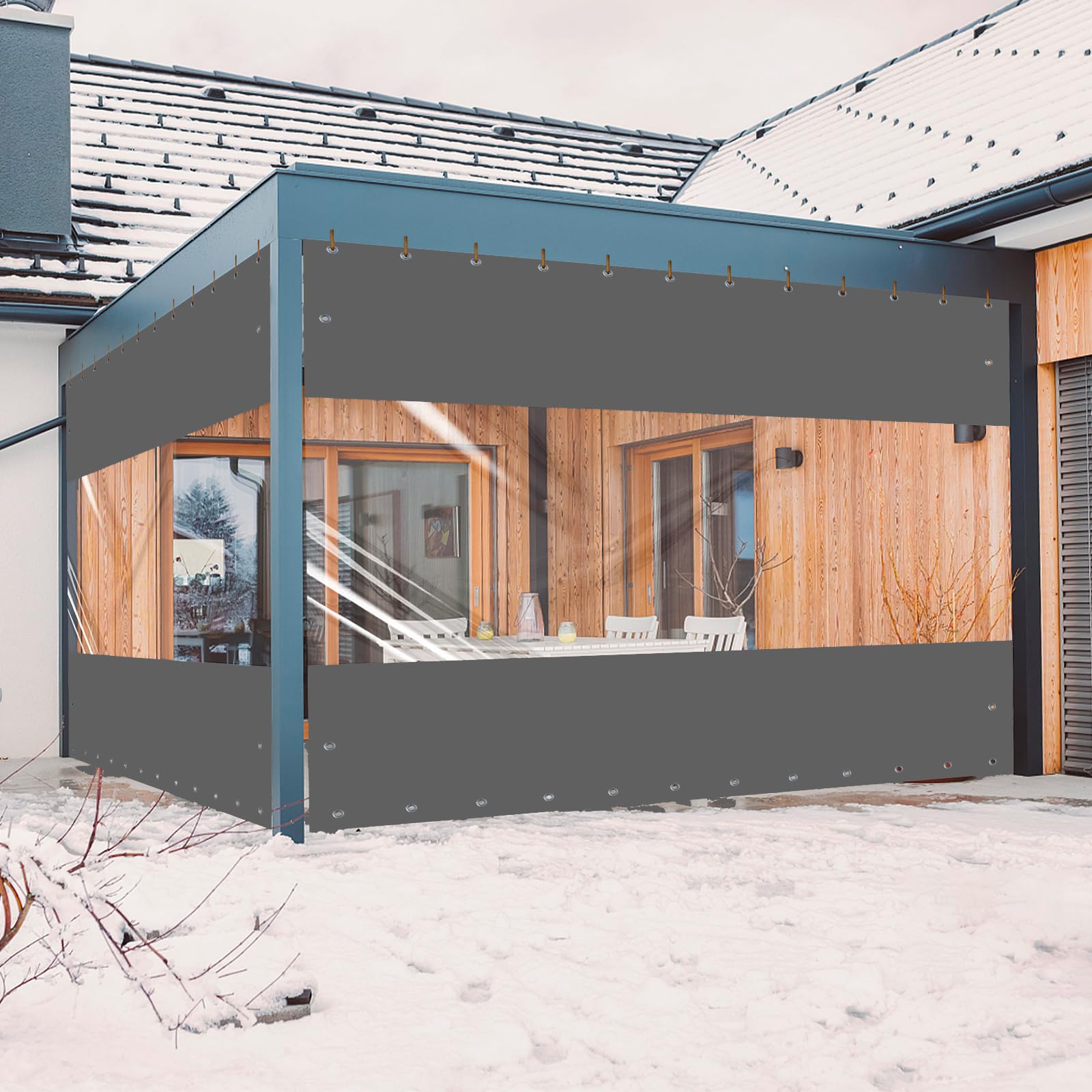 17 Oz Heavy Duty Outdoor Vinyl Curtain - Clear Weatherproof Panel Curtain for Pergola, Porch, Gazebo - Rustproof Grommets, 10' Height x 7' Width, Dark Gray - Perfect for Patio Privacy, Sun Protection & Wind Blocking