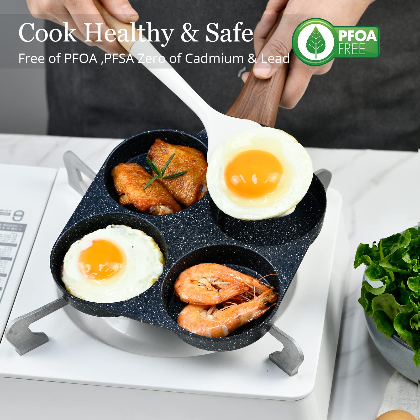 Nonstick 4-Cup Egg Pan for Breakfast & Brunch - Granite Coating Mini Frying Pan with Turner & Brush - Perfect for Pancakes, Omelets & Eggs - Works on Gas Stove & Induction Cooktop - Ideal for Home Cooking & Small Kitchens