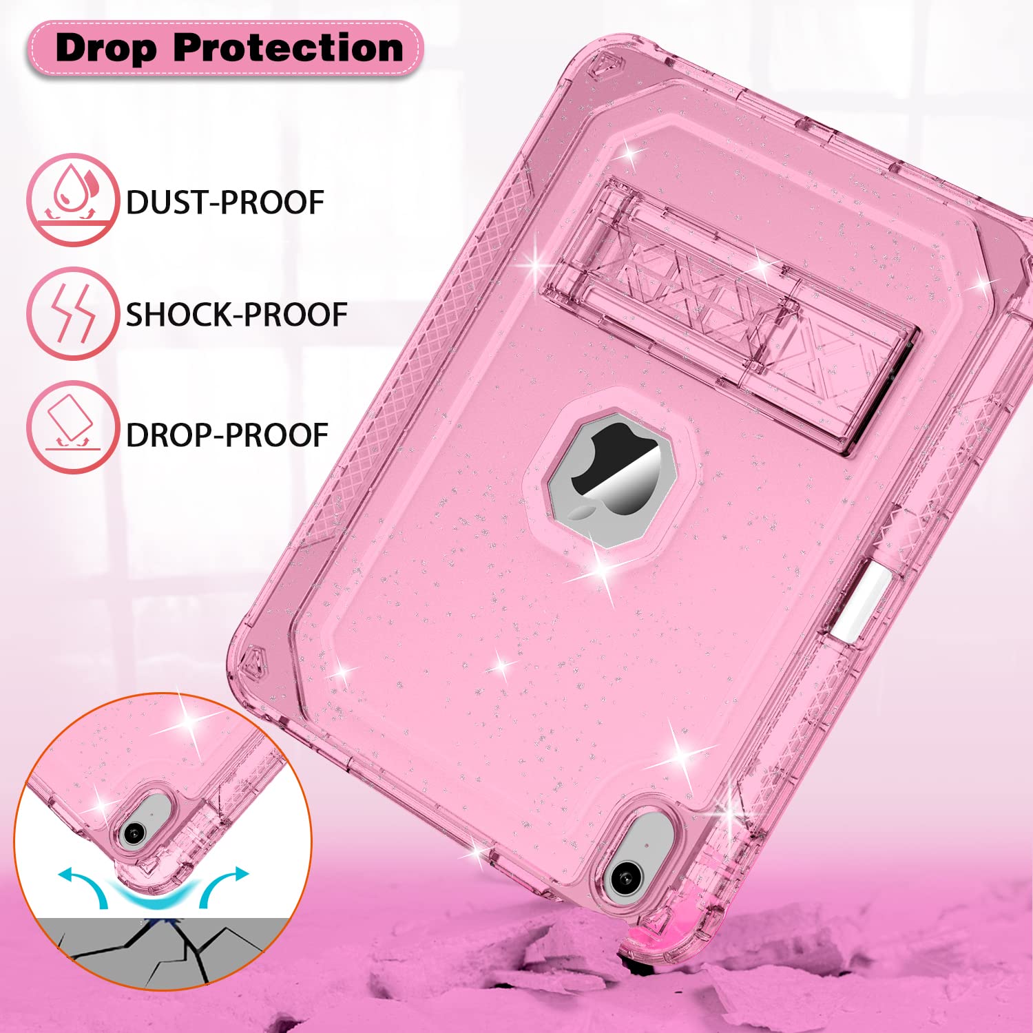 Shockproof Rugged iPad Case for iPad 11-inch (A16) 2025 & iPad 10th Gen 10.9 inch 2022 - Heavy Duty Protective Cover with Pencil Holder, Translucent Kickstand & Glitter Design - Perfect for Kids, Travel & Everyday Use