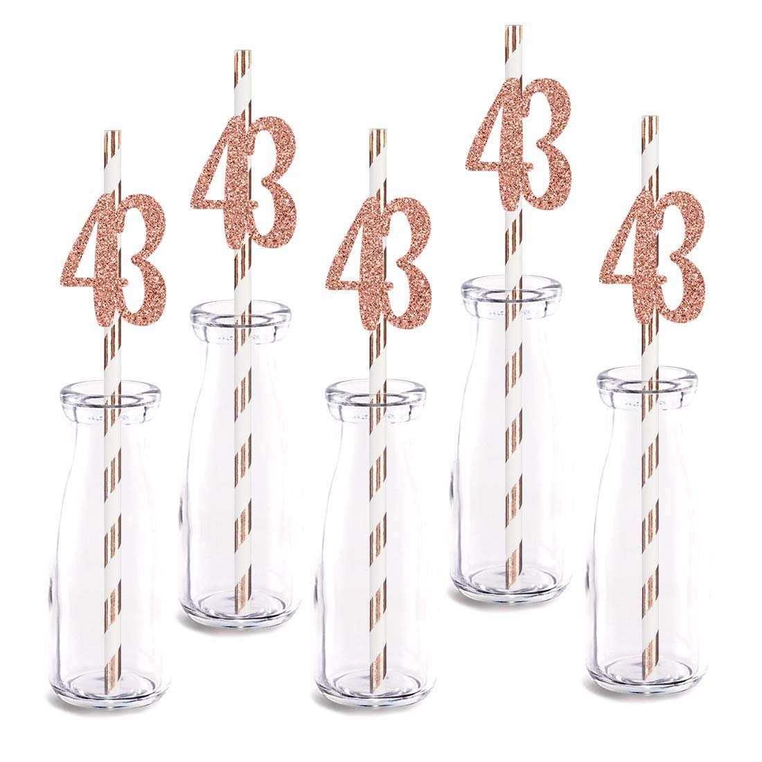 Rose Gold Glitter 43rd Birthday Straw Decorations - 24pcs Cut-Out Number 43 Party Drinking Straws for Birthday Celebrations, Anniversaries & Special Events