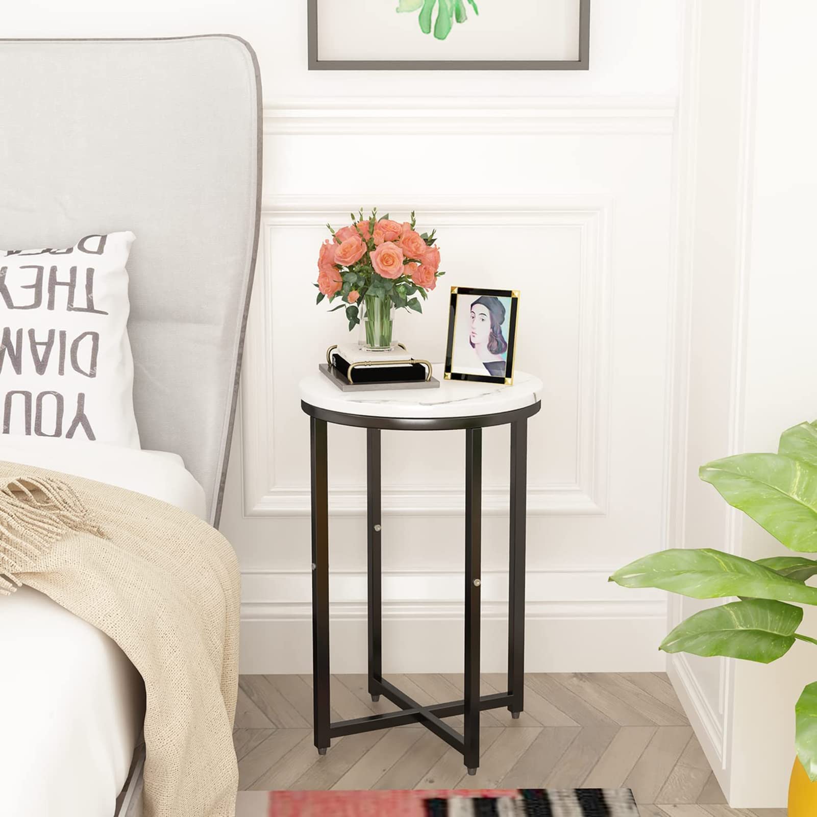 Modern End Table Set of 2 - Faux Marble Top Side Tables with Sturdy Metal Frame - Small Coffee & Snack Tables for Living Room, Bedroom, Balcony - Perfect Accent Tables for Small Spaces & Home Decor