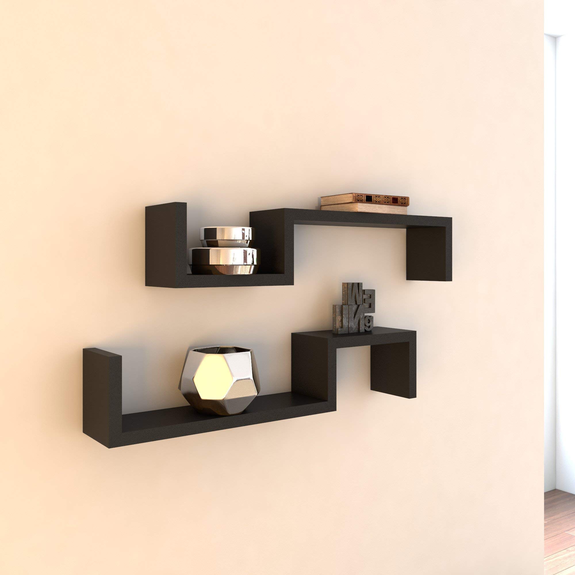 Black Angular S-Shaped Floating Shelves - Modern Wall Mounted Asymmetrical Decorative Shelves for Home & Office Decor - 22.5 Inch MDF Wood Shelving - Perfect for Living Room, Bedroom, Kitchen & Bathroom Organization