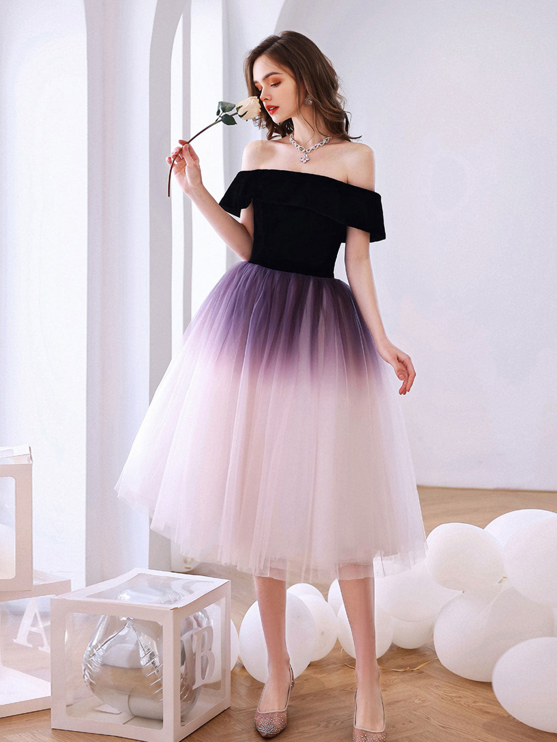 Elegant Purple Off Shoulder Tulle Short Puffy Prom Dress for Homecoming & Special Occasions - Perfect for Dances, Parties & Formal Events