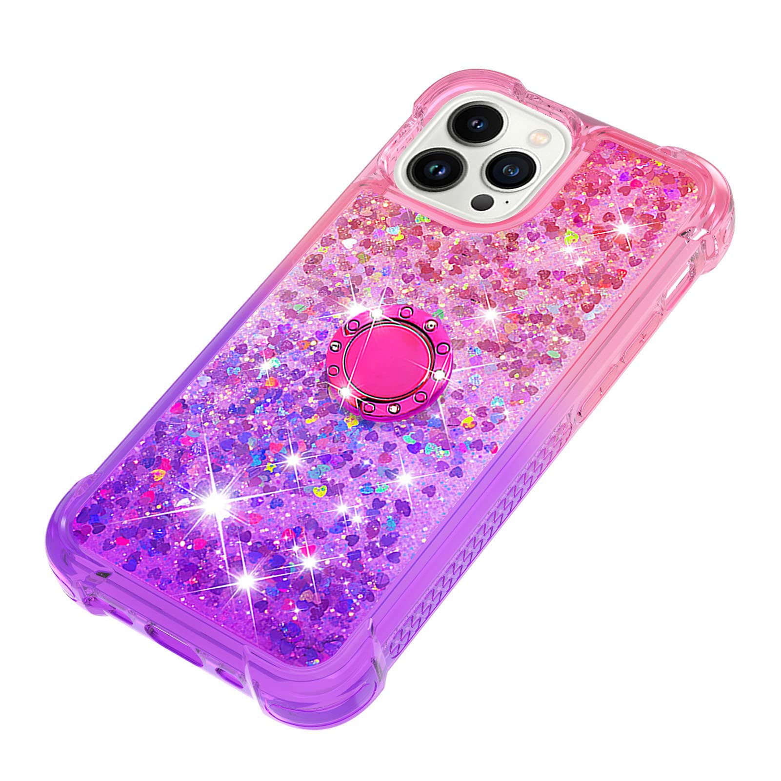 Gradient Quicksand Glitter Bling Floating Ring Kickstand Case for iPhone 13 Pro Max - Shockproof TPU Bumper with Reinforced Corners, Pink-Purple (Perfect for Women, Everyday Use & Travel Protection)